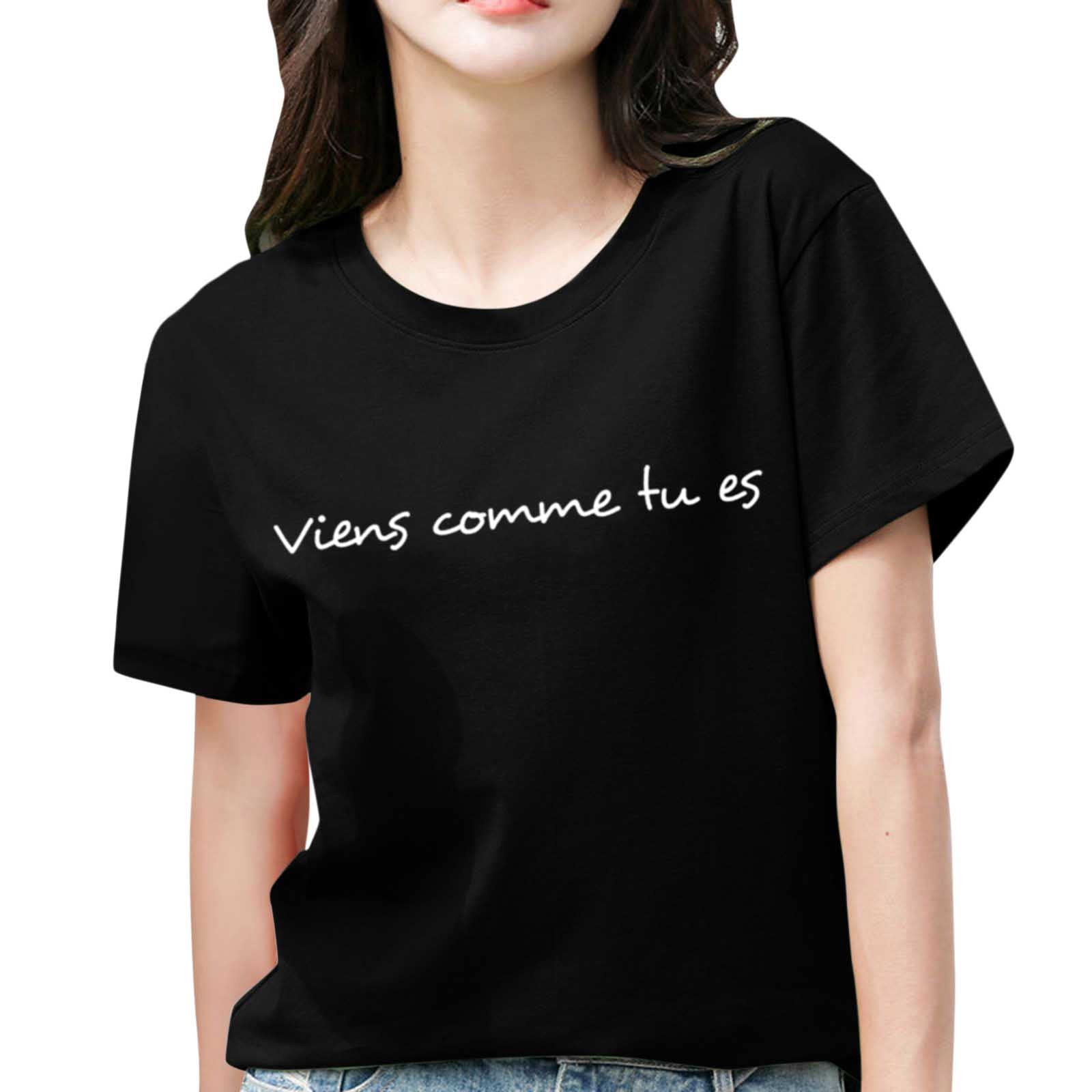 Women's Summer T-Shirt - Printed Casual Short Sleeve Top with Letter Pattern (Black, XL) | Perfect for Beach Outings, Casual Wear & Summer Fashion