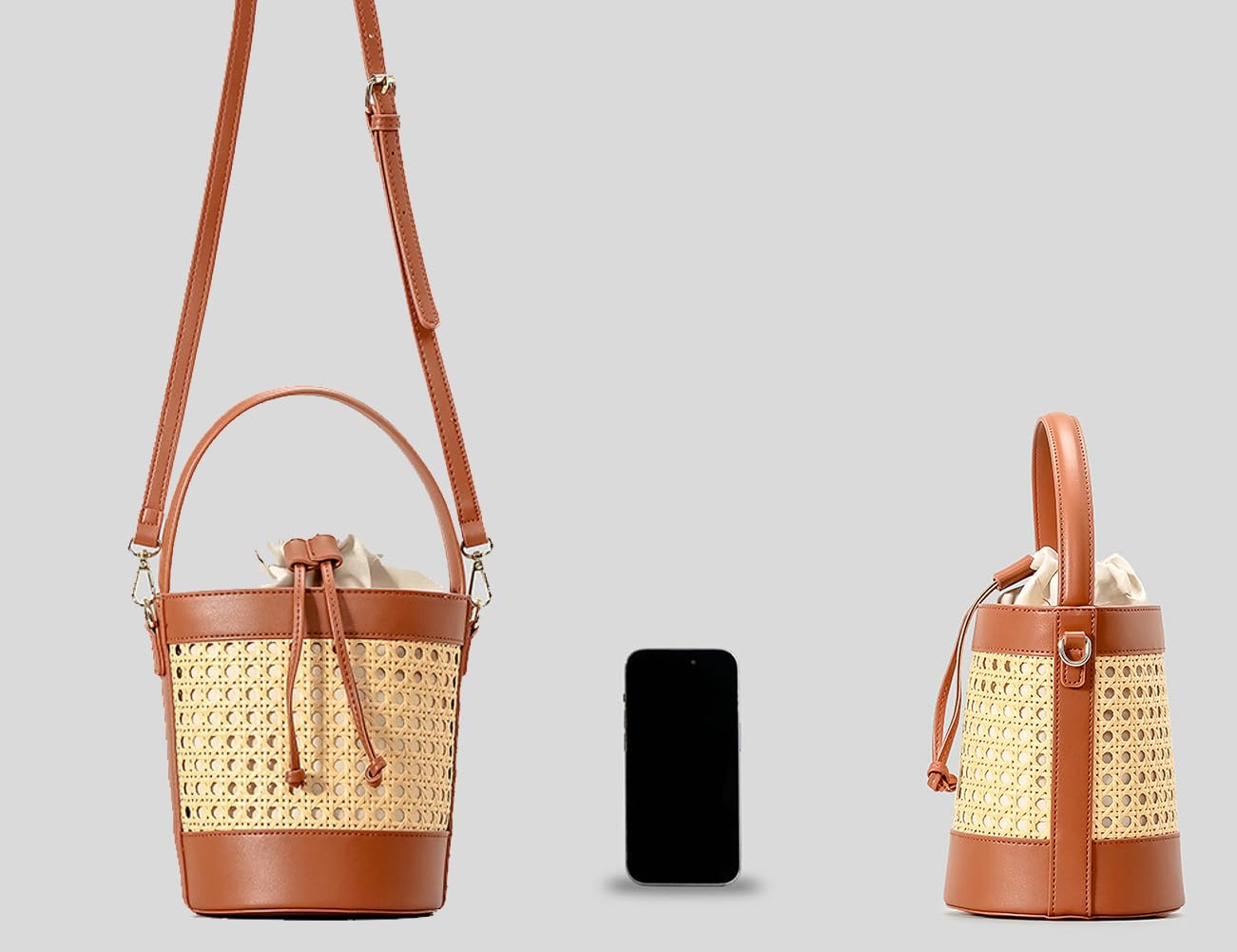 Stylish Woven Rattan Bucket Bag for Women - Perforated PU Leather Summer Handbag with Top Handle & Drawstring Closure | Perfect for Beach, Shopping, and Casual Outings