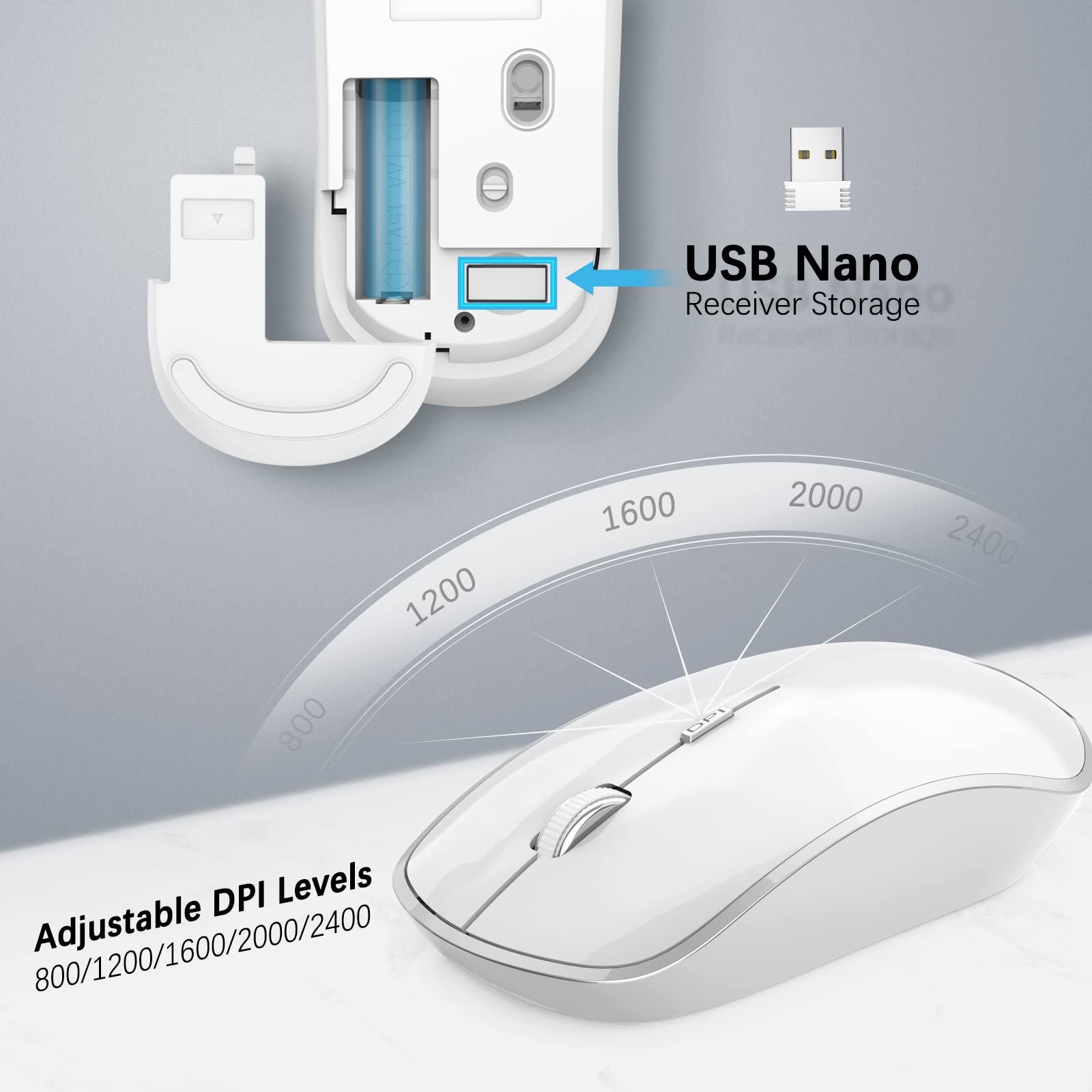 J JOYACCESS 2.4G Wireless Silent Mouse - Slim Portable USB Computer Mouse with 2400 DPI for Laptop, Notebook, MacBook, Chromebook, PC (White & Silver) - Perfect for Office Work, Home Use, and Travel