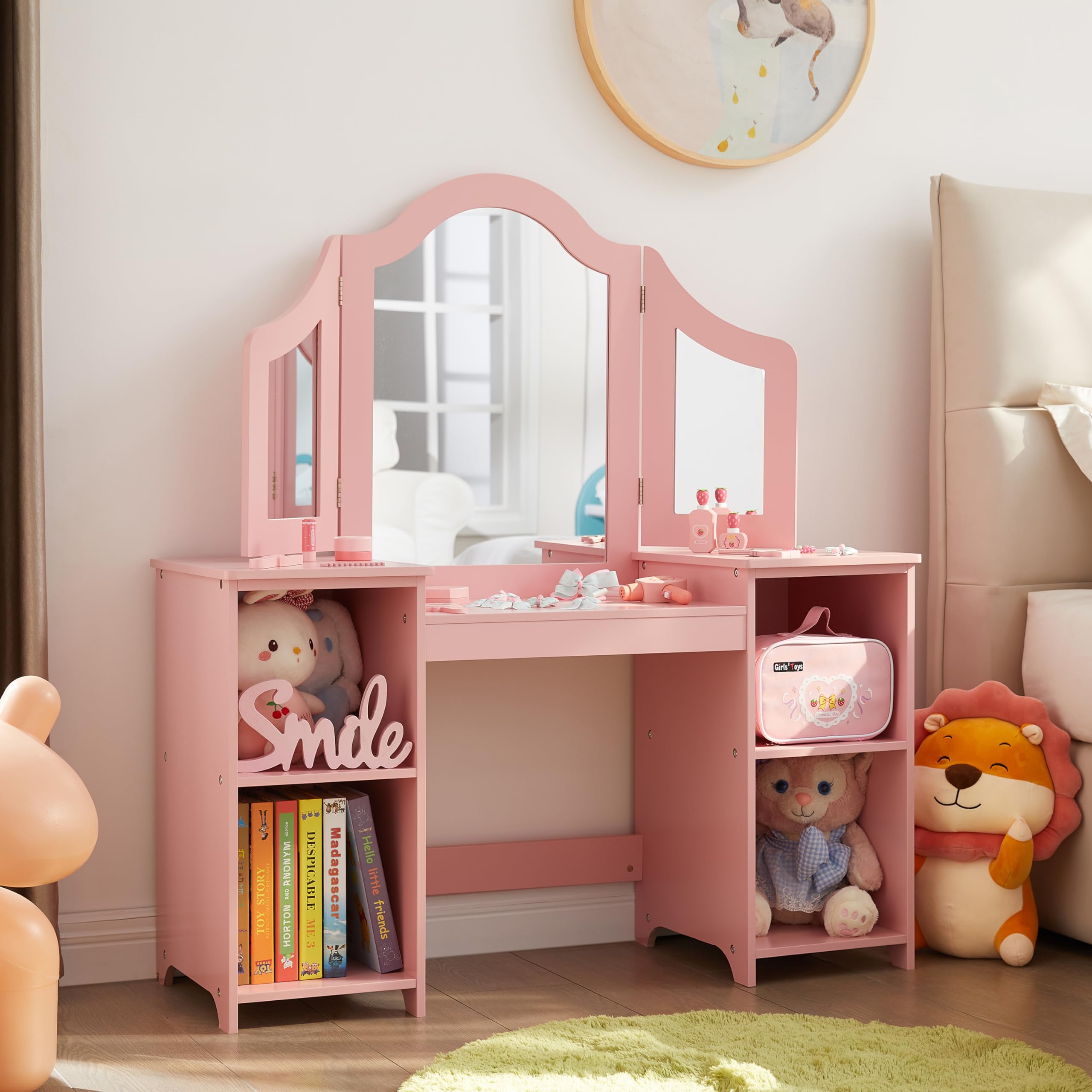2 in 1 Kids Vanity & Princess Makeup Table with Open Storage Cabinet - Detachable Tri-fold Mirror, Pretend Play Dresser for Little Girls Age 3-9 (Pink) - Perfect for Birthday Gifts, Bedroom Decor & Role Play Activities