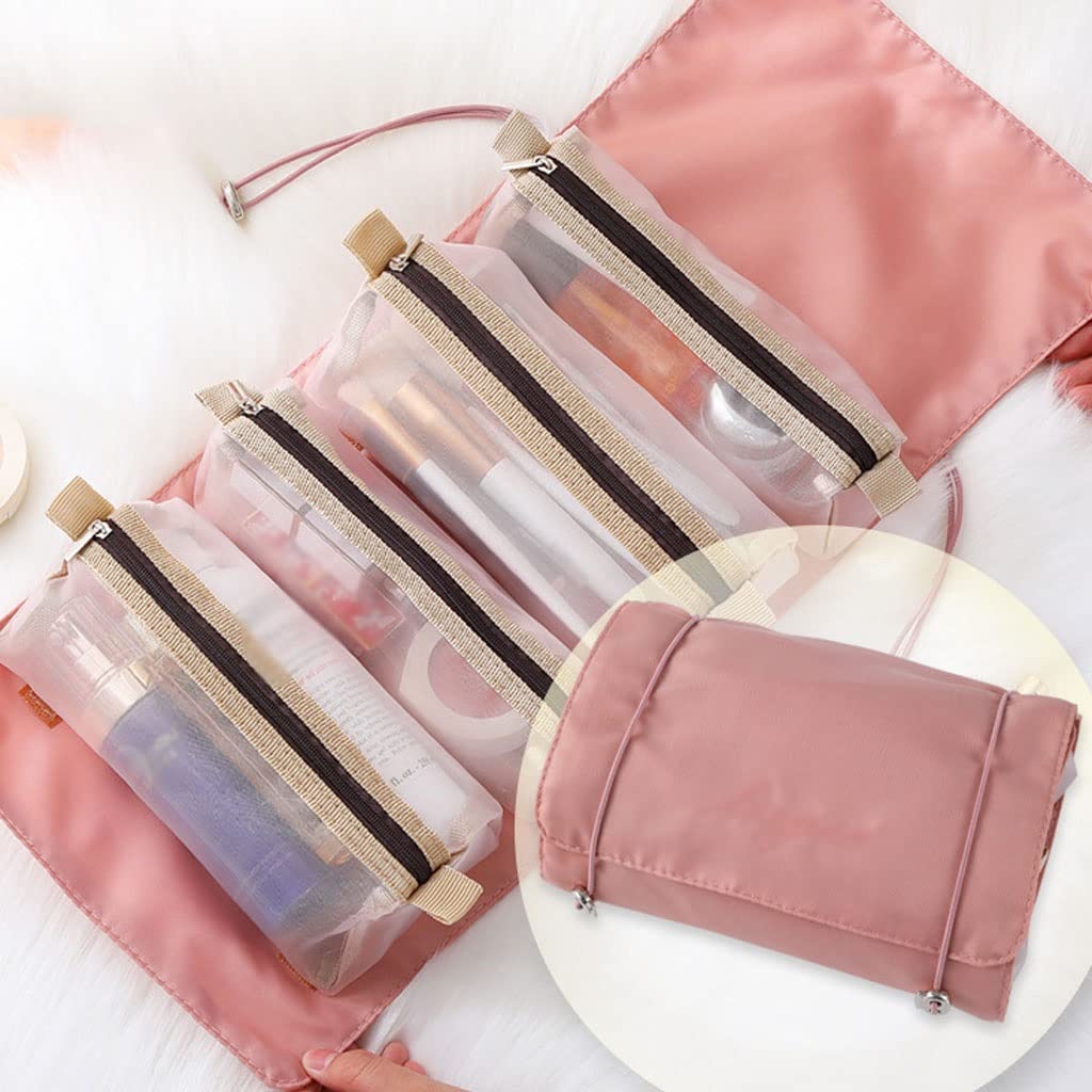 Waterproof Mesh Makeup Bag for Women Travel - Pink Cosmetic Organizer with Multiple Pockets (55x17cm) for Makeup Brushes, Lipstick & Toiletries - Perfect for Vacation, Gym & Beauty Professionals