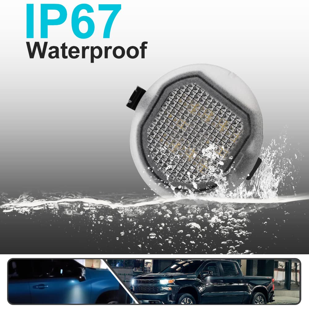 2Pcs White LED Under Side Mirror Puddle Light Lamps for Chevy Silverado GMC Sierra Yukon Escalade - Waterproof Durable Xenon White Lights - Perfect for Night Driving & Enhanced Vehicle Safety