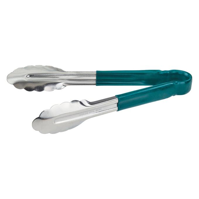 Winco 9-Inch Utility Tongs for Cold Food - Green Handle Stainless Steel Kitchen Tongs - Perfect for Salads, BBQ, and Serving Dishes