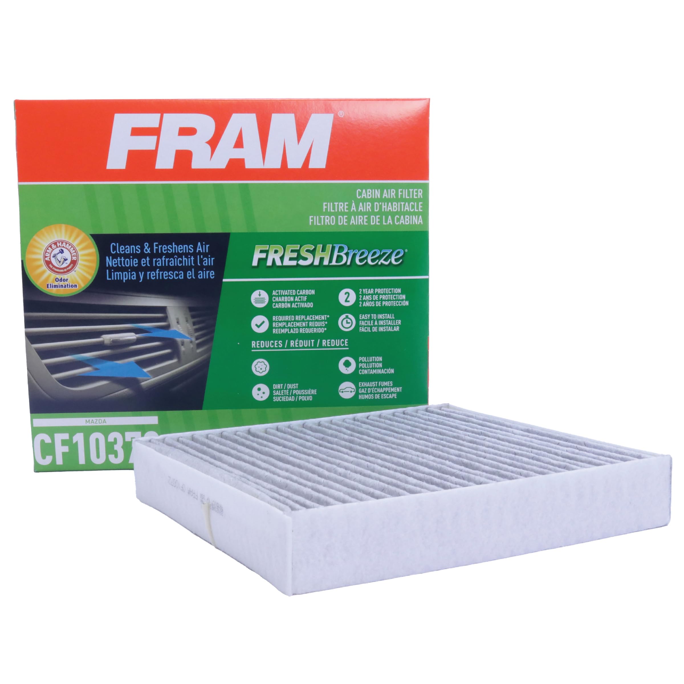 FRAM Fresh Breeze Cabin Air Filter Replacement CF10372 for Mazda Vehicles - with Arm & Hammer Baking Soda, Easy Installation, White | Improves Air Quality & Reduces Allergens in Car Passenger Compartment