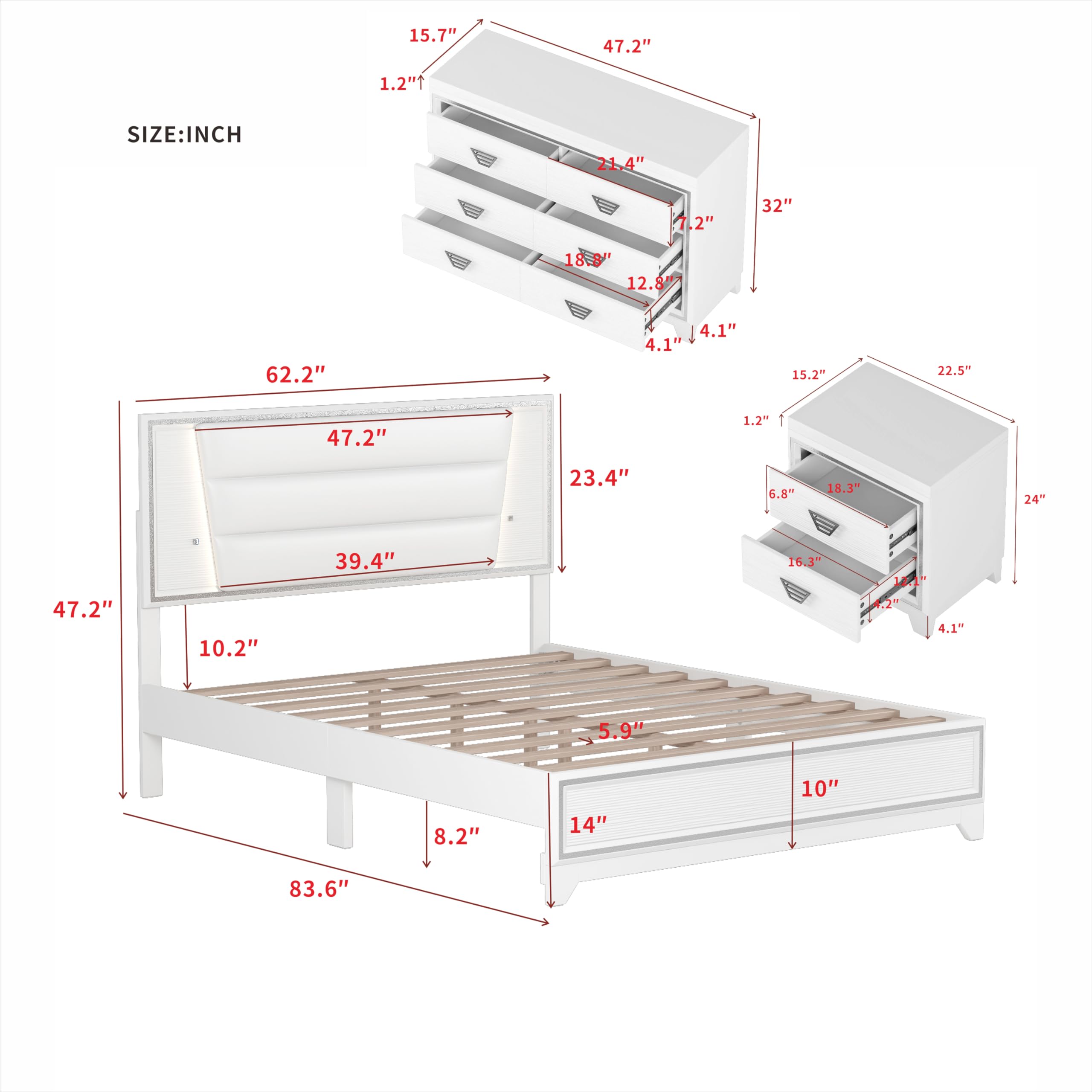Harper & Bright Designs 3-Piece Queen Size Bedroom Set with LED Lights - Upholstered Bed, Nightstands & Dresser with Metal Handles - Modern White Wood Furniture for Master Bedroom, Guest Room & Apartment Decor