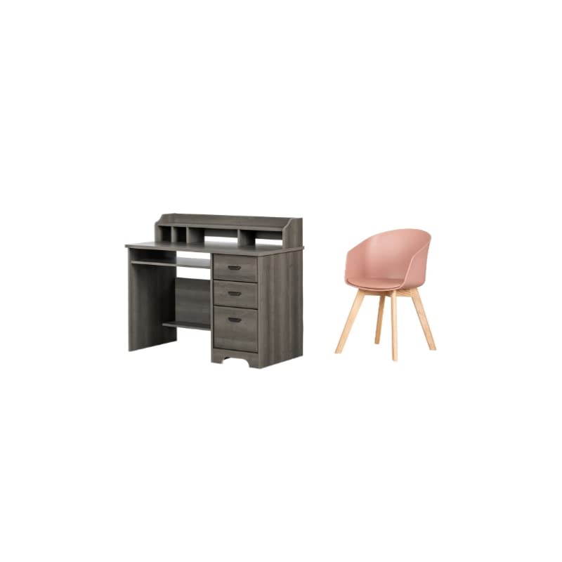South Shore Versa Gray Maple Wood Desk with Pink Fabric Chair & Wooden Legs - Modern Home Office Furniture Set for Work & Study