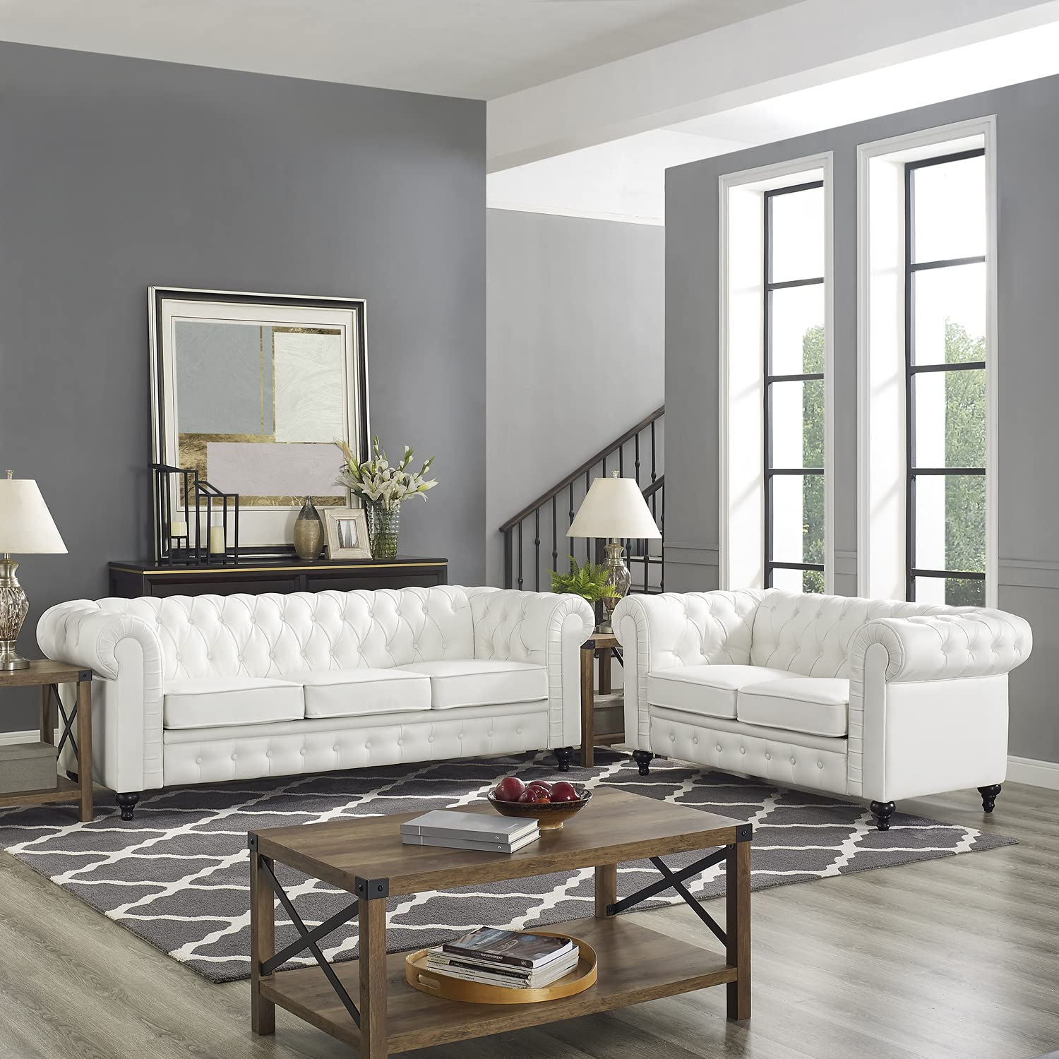Naomi Home Emery Chesterfield Loveseat & Sofa - Tufted Rolled Arm 2 & 3 Seater Sectional Couch for Small Spaces - Easy Tool-Free Assembly in White | Perfect for Living Room, Bedroom & Apartment Decor