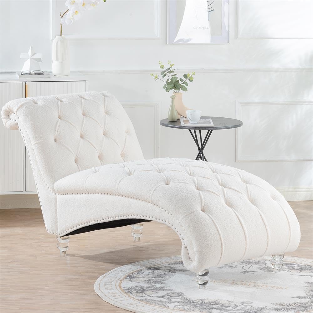 White Velvet Armless Chaise Lounge Chair - Modern Indoor Sleeper Couch for Living Room & Bedroom - Soft Fabric Fainting Sofa - Perfect for Relaxing, Reading or Napping