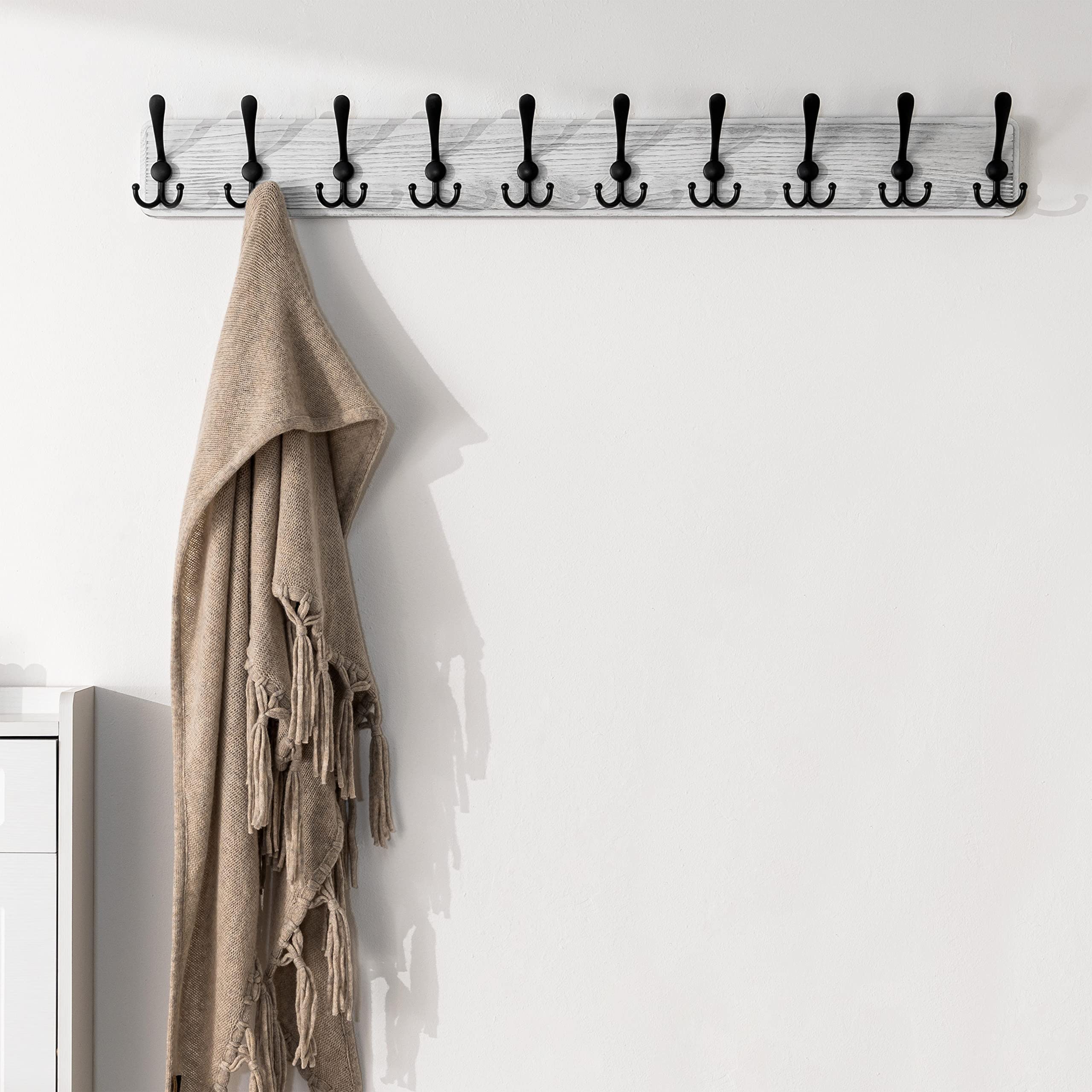 SKOLOO 38.3'' Wall Mounted Coat Rack - Heavy Duty Rustic Wooden Coat Hooks with 10 Triple Hooks for Jackets, Hats & Clothes Storage (Weathered White) - Perfect for Entryway, Mudroom & Bedroom Organization