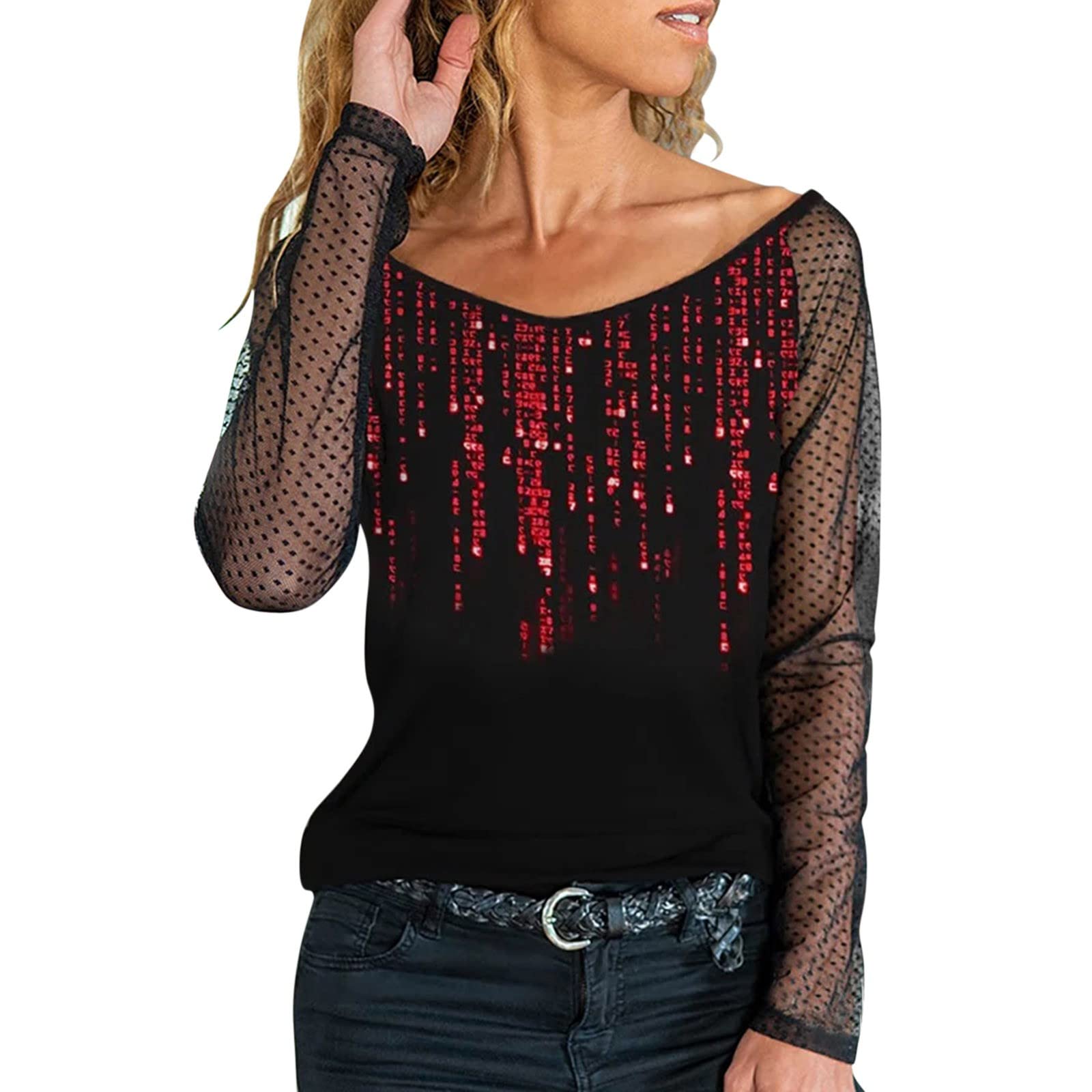 Women's Spring Casual Mesh Long Sleeve V-Neck Loose T-Shirt | Y2K Blouse with Splice Design | Perfect for Summer Outfits, Streetwear & Boho Fashion