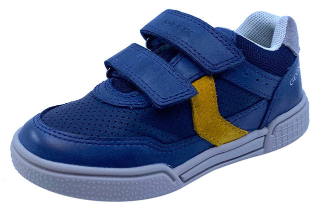 Geox Respira Boys' J Poseido Double Hook and Loop Sneakers - Navy/Dark Yellow | Breathable Kids' Shoes for School, Play & Everyday Comfort