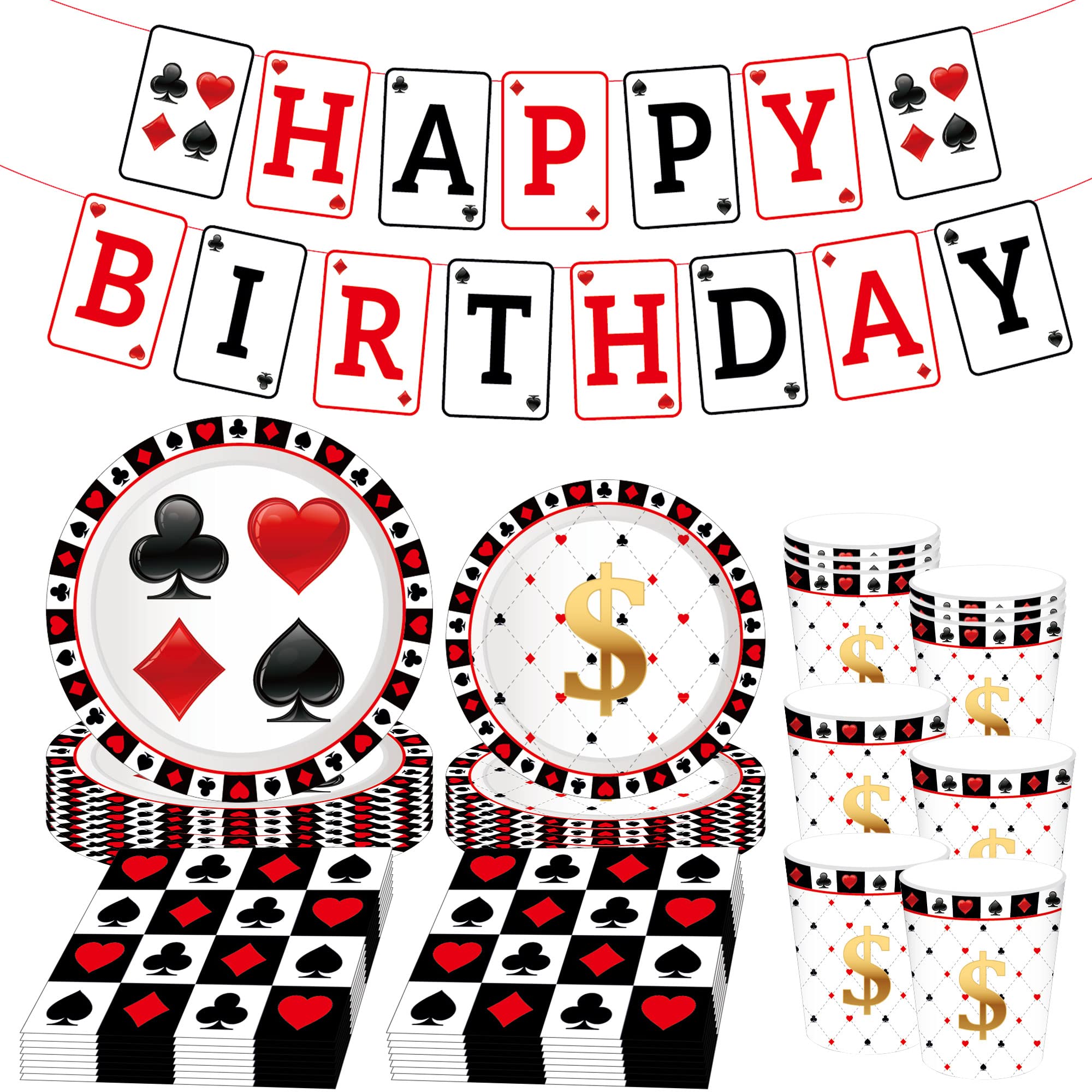 45-Piece Poker Party Plates & Napkins Set with Birthday Banner - Casino & Vegas Themed Party Supplies, Queen of Hearts Decor for Poker Nights, Casino Birthday Parties, and Vegas-Themed Events