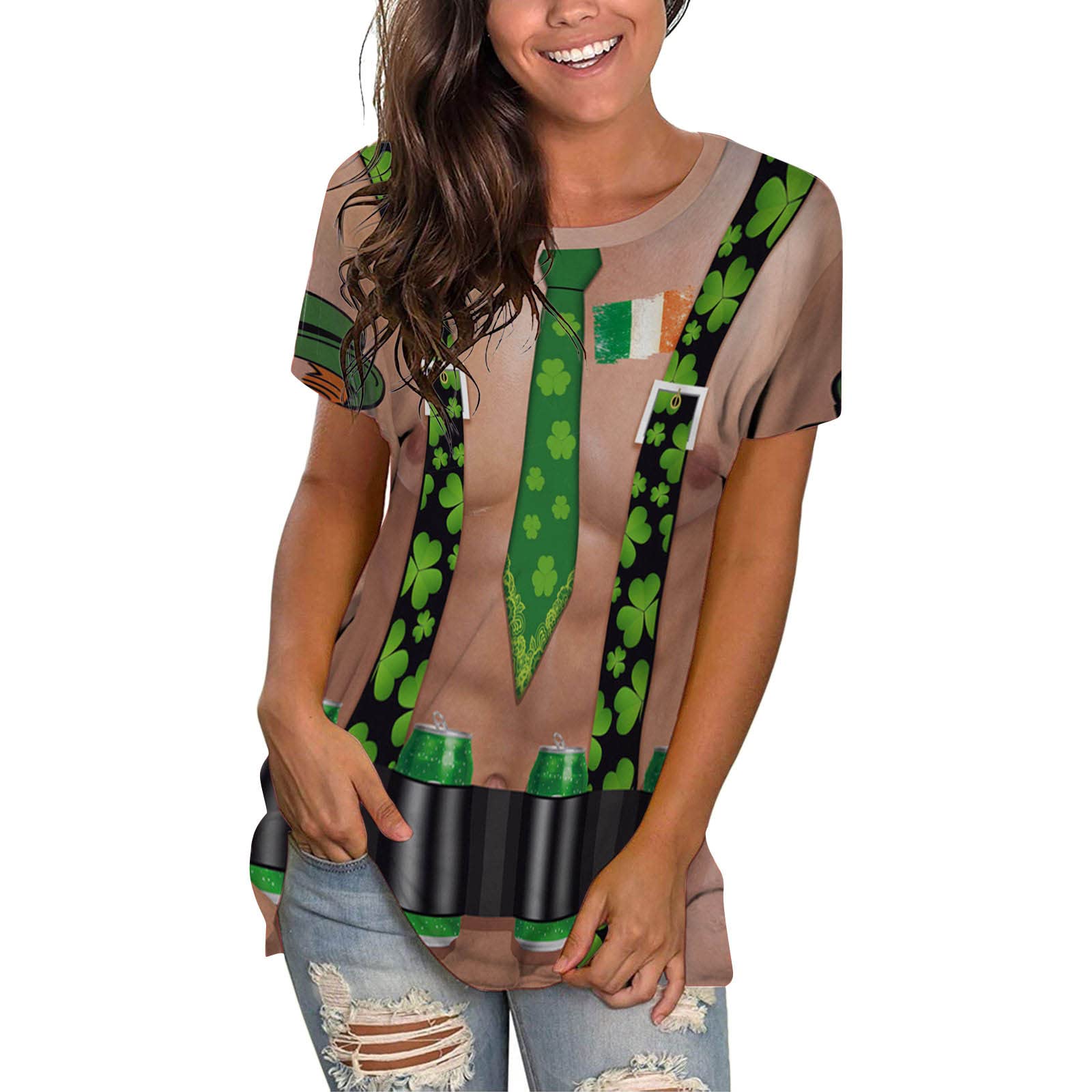 St. Patrick's Day Women's Floral Print Short Sleeve V-Neck T-Shirt - Summer Rolled Sleeve Casual Top for Irish Festival, Pub Crawl & Spring Outfits