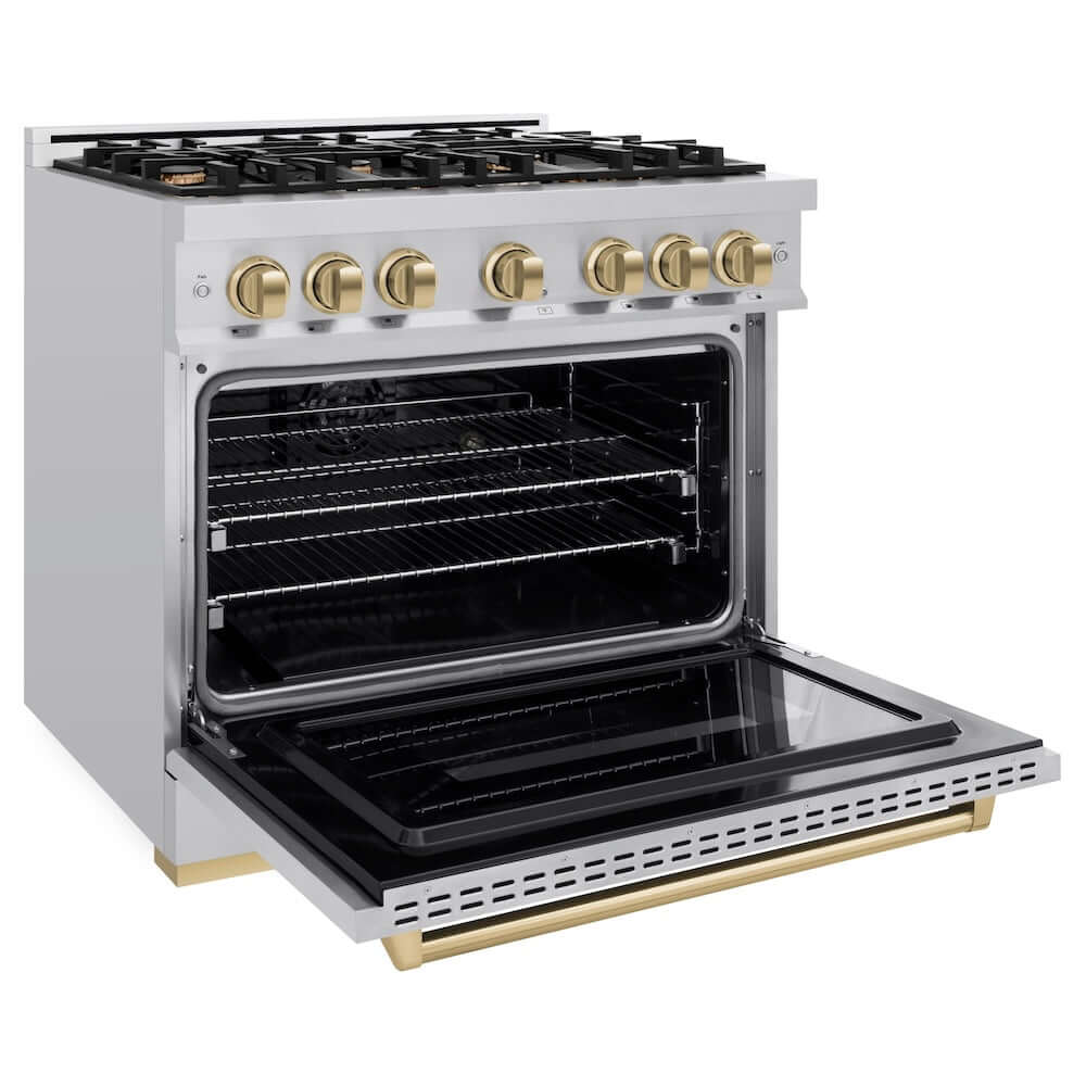 ZLINE Autograph Edition 36-inch 5.2 cu. ft. Dual Fuel Range - 6 Burner Gas Cooktop & Electric Convection Oven - Stainless Steel with Champagne Bronze Accents (CDRZ 36 CB) - Perfect for Gourmet Kitchens & Professional Chefs