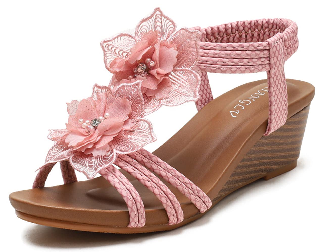 Women's Floral Lace Wedge Sandals with Snake Print - Comfortable Summer Roman Sandals for Ladies | Perfect for Beach, Vacation, and Casual Outings