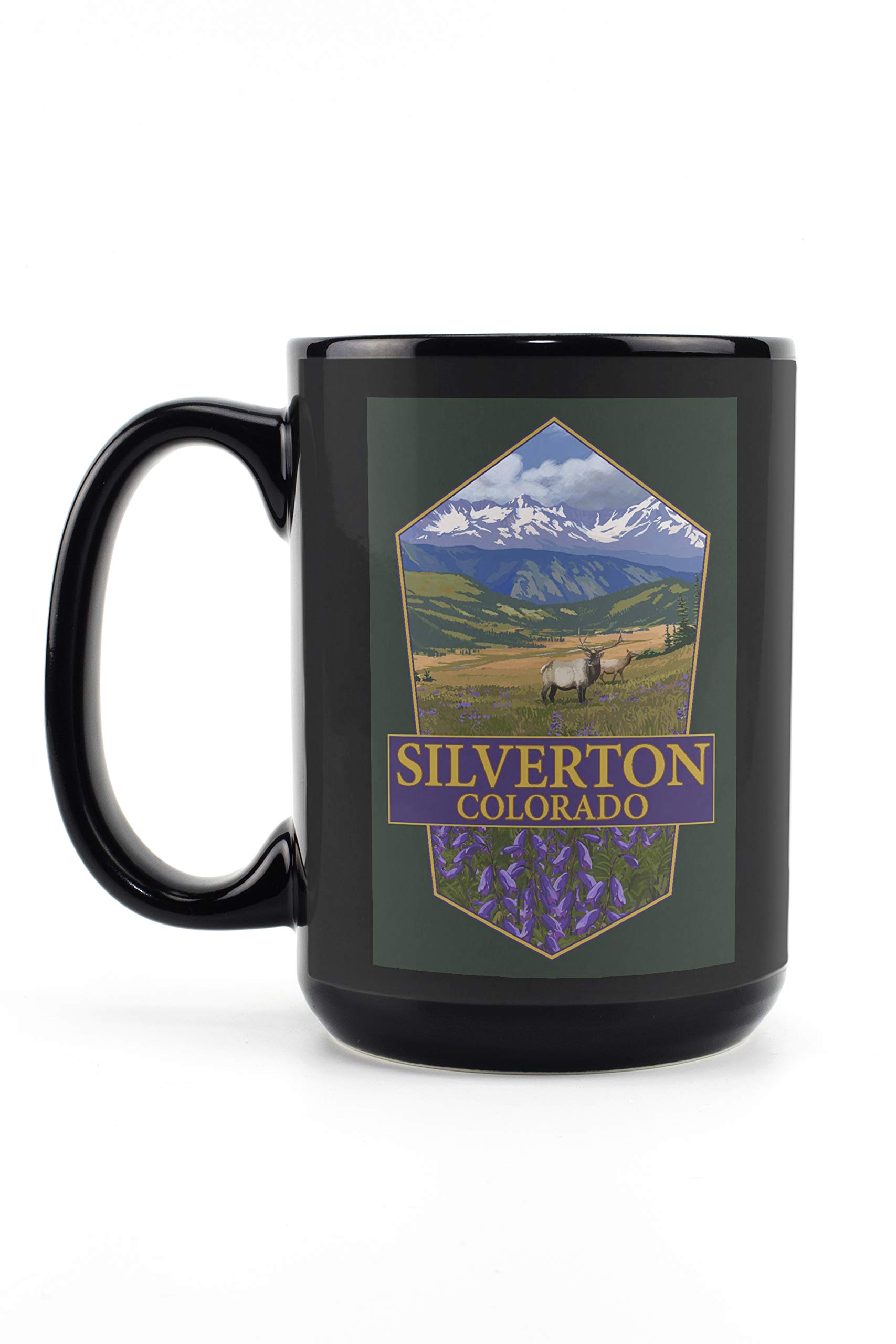 Lantern Press Silverton Colorado Elk and Flowers Contour 15oz Black Ceramic Coffee Mug - Microwave & Dishwasher Safe - Perfect for Home, Office or Camping Use