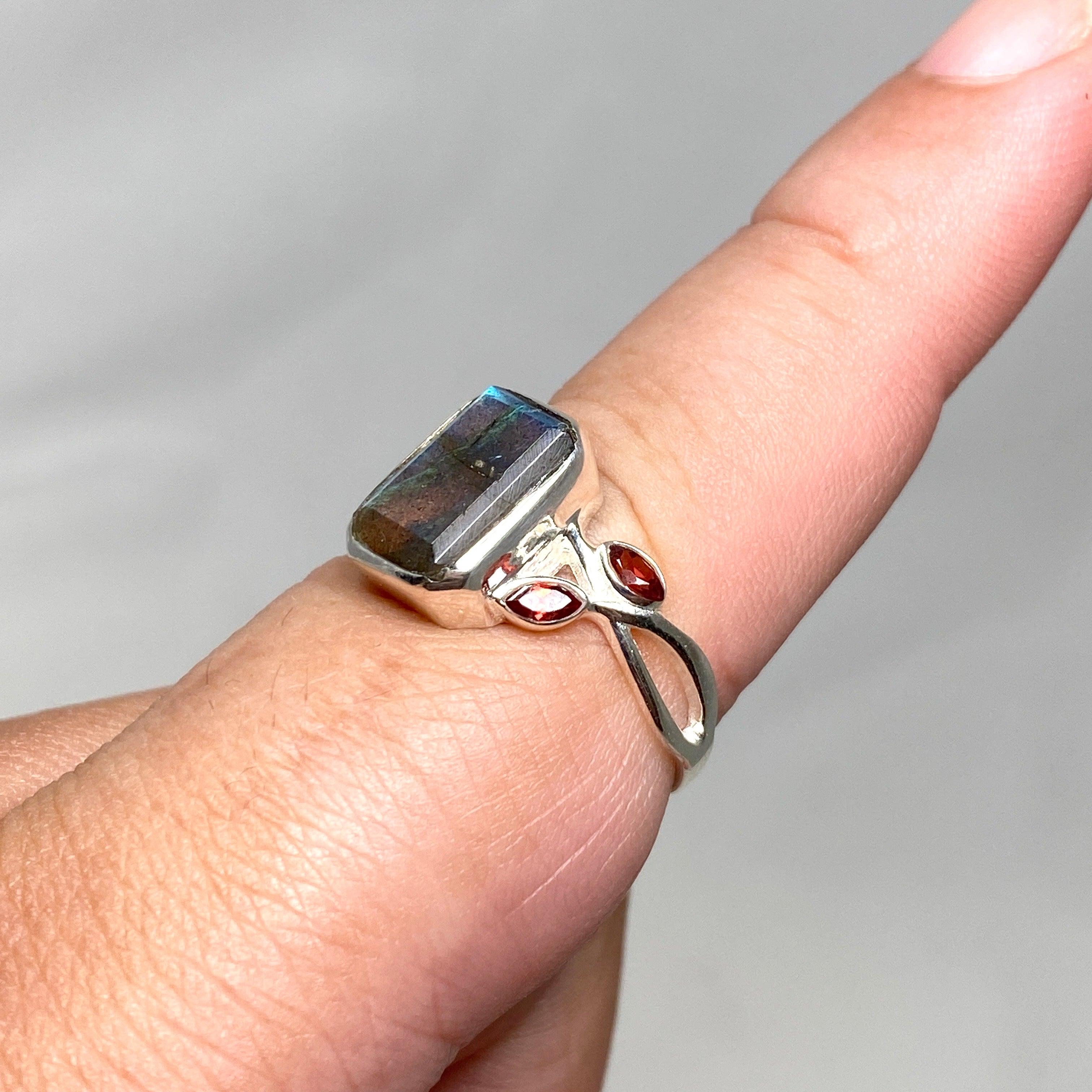Labradorite Faceted Rectangular Multistone Ring with Botanical Details R3806 - Elegant Gemstone Jewelry for Women, Perfect for Weddings, Parties & Special Occasions