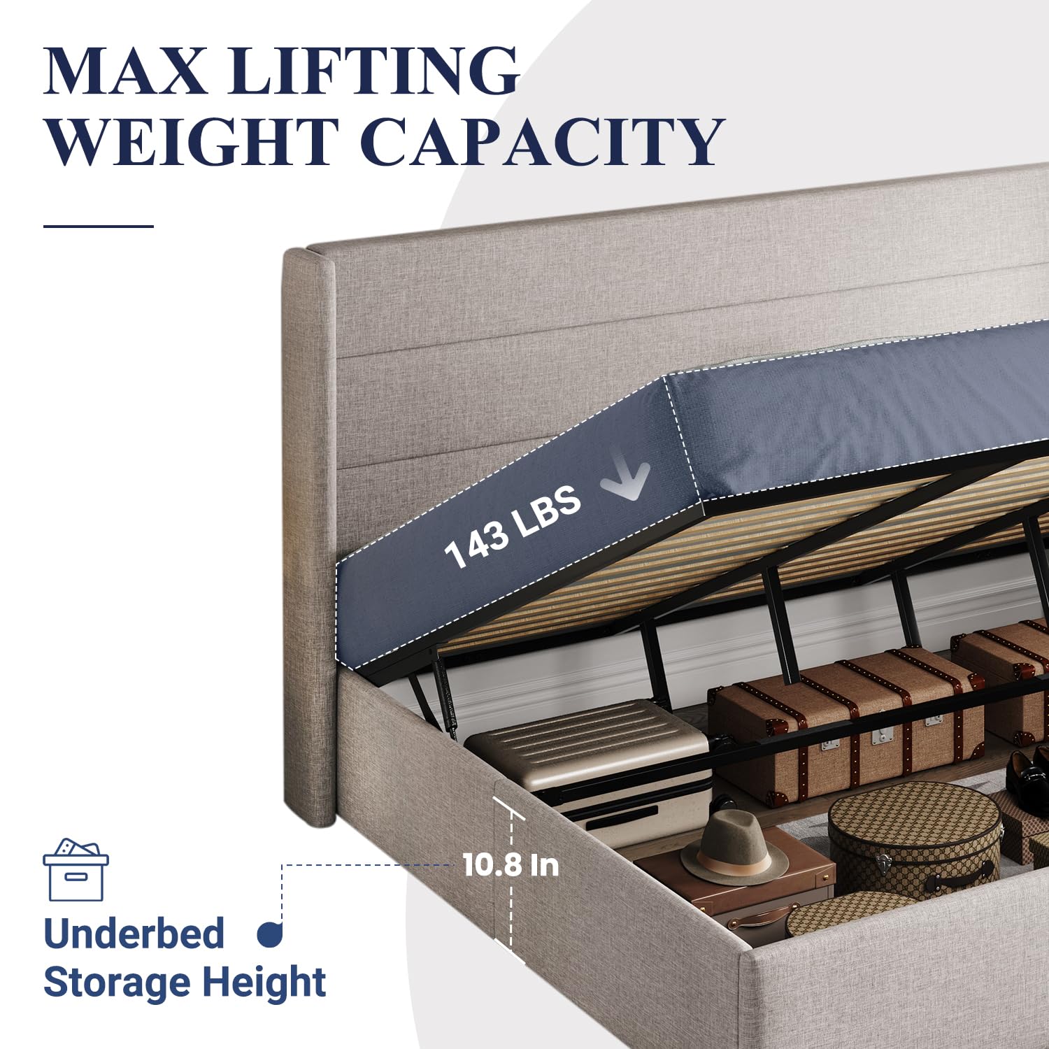 Allewie King Size Lift Up Storage Bed with Modern Wingback Headboard - Hydraulic Support, No Box Spring Needed, Light Beige - Perfect for Small Spaces & Bedroom Organization