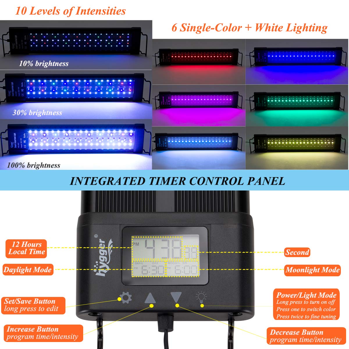 Hygger Auto On/Off LED Aquarium Light - Extendable 12-17 Inch Full Spectrum Light with Sunrise/Sunset Mode & 7 Colors - Built-in Timer for Freshwater Planted Tanks - Perfect for Home & Office Aquariums
