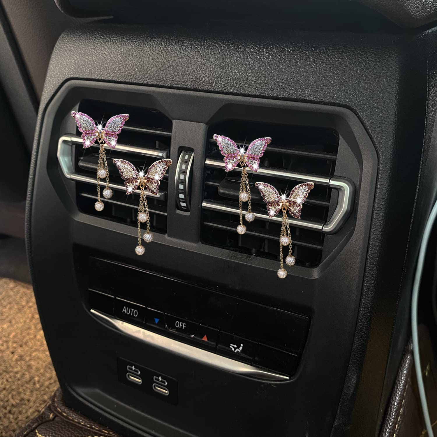 4 Pcs Bling Butterfly Car Aromatherapy Air Vent Clips - Diamond Pearl Pendant Butterfly Car Air Fresheners | Cute Car Decor Accessories for Women | Perfect for Car Interior Decoration & Gift Giving