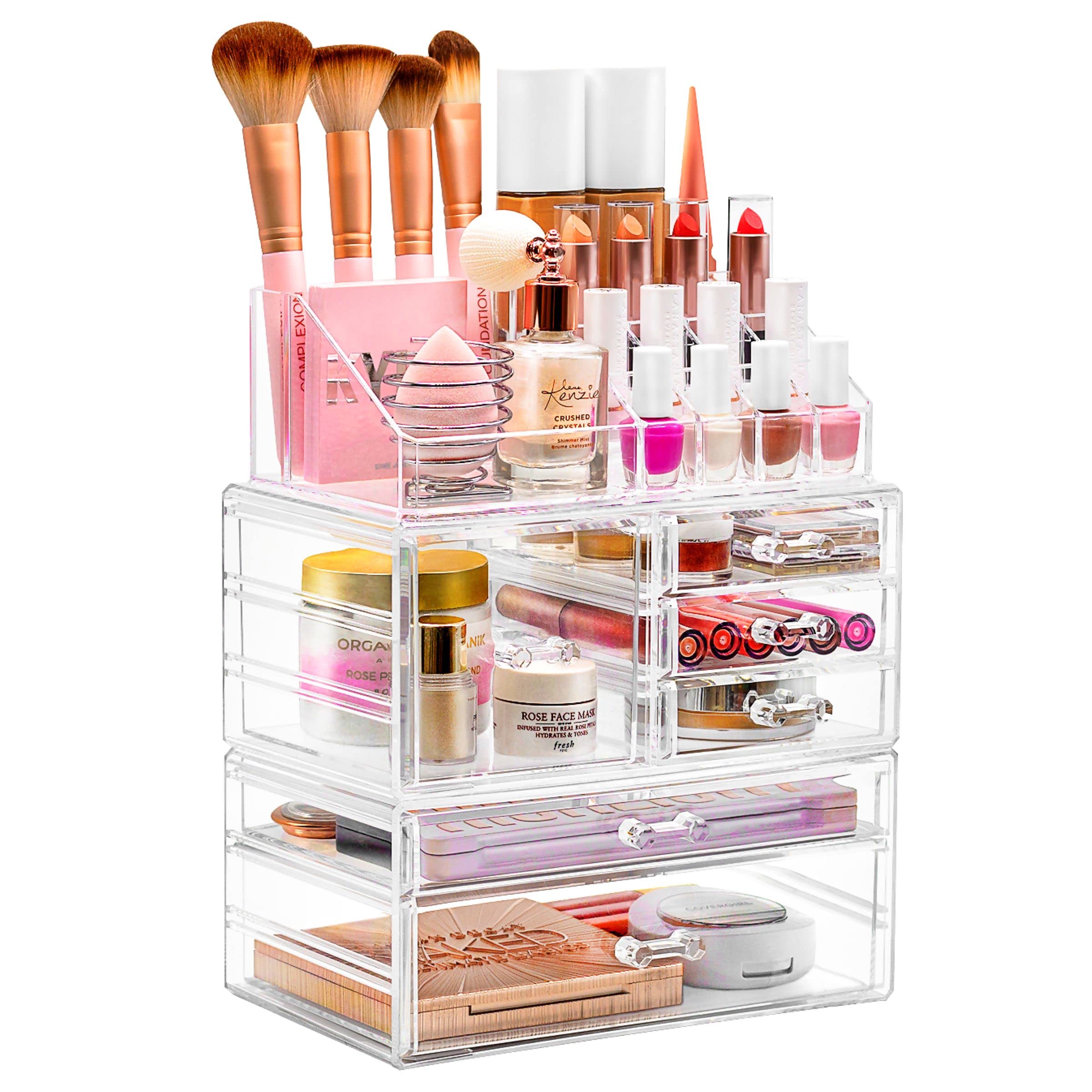 Sorbus Large Clear Makeup Organizer - Detachable 3-Piece Jewelry & Cosmetic Storage Set - Spacious Vanity Display Tower for Makeup Brushes, Lipsticks & Skincare - Perfect for Bedroom, Bathroom & Dresser Organization