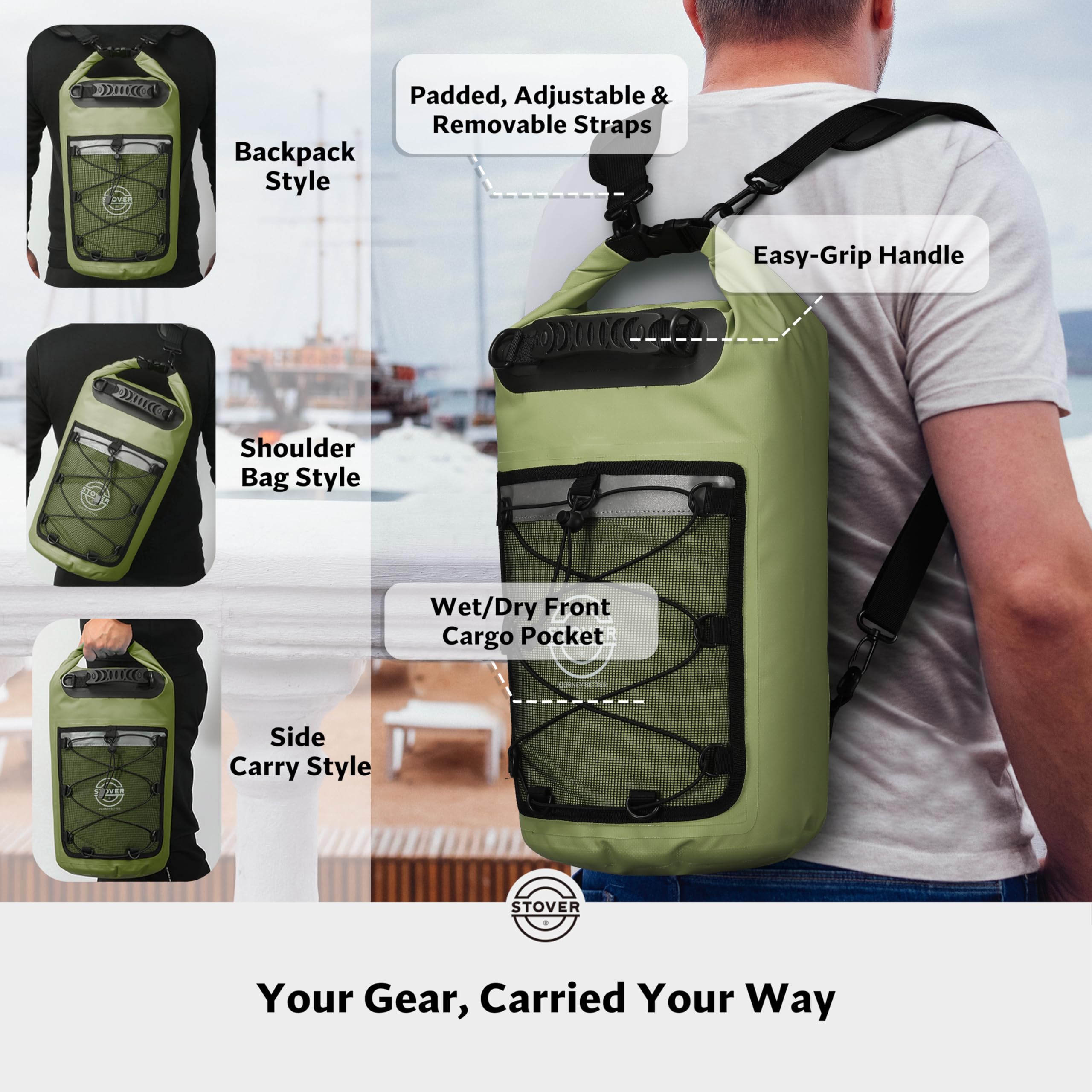 STOVER 5L/10L/25L/30L/40L/55L Waterproof Dry Backpack - Floating Dry Bag for Kayaking, Hiking, Camping, Beach & Outdoor Activities - Heavy Duty Roll Top Design for Men & Women (Green) - Perfect for Water Sports, Travel & Adventure Gear Storage