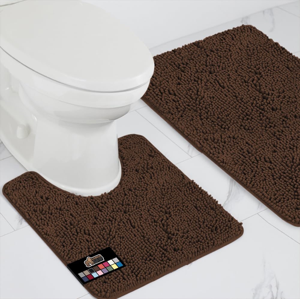 Gorilla Grip Soft Chenille Bathroom Rug Set - 2 Piece Absorbent Microfiber Toilet Mat & 30x20 Carpet, Quick-Dry Washable Bath Mats for Home Decor, Brown | Perfect for Bathroom Floor, Shower Area & Vanity Space