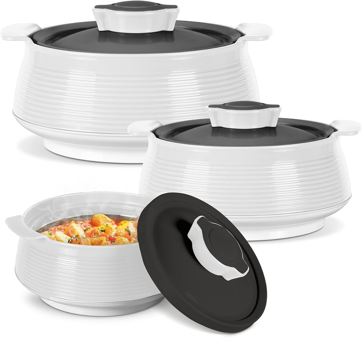 MILTON Venice 3-Piece Casserole Set - 1000ml, 1500ml & 2000ml White Ceramic Hot Pot for Cooking, Serving & Entertaining - Perfect for Soups, Stews and Family Dinners
