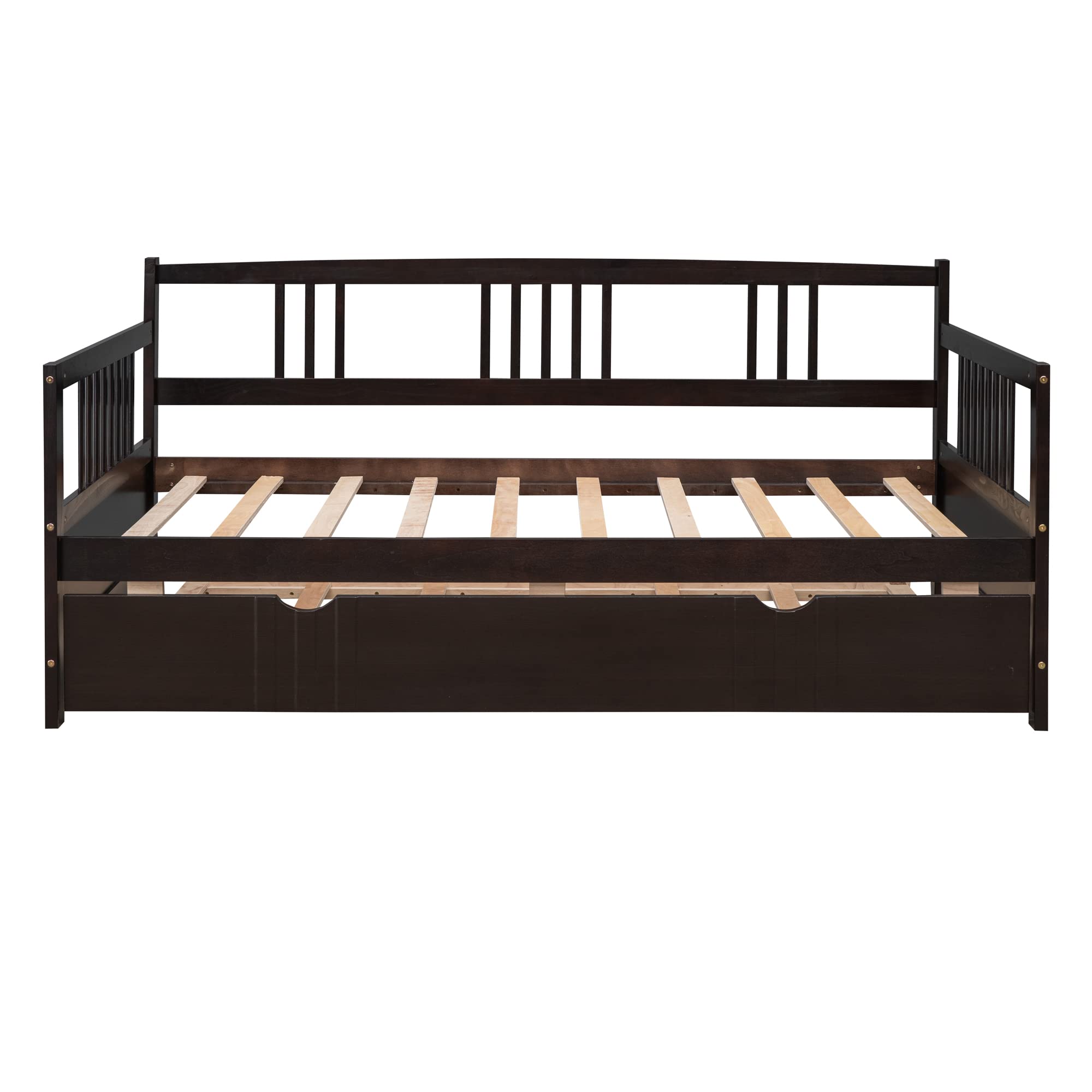 Harper & Bright Designs Twin Daybed with Trundle - Solid Wood Convertible Sofa Bed for Living Room, Guest Room & Kids Bedroom - No Box Spring Needed - White & Espresso - Perfect for Sleepovers, Space Saving & Multi-functional Furniture
