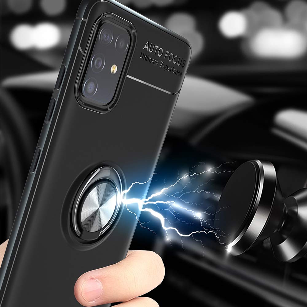 Premium Samsung Galaxy A51 4G Phone Case with Tempered Glass Screen Protector - Slim Soft Silicone Cover with Magnetic Stand & Ring Holder (Compatible with Galaxy A51/A515F/SM-A515F) - Perfect for Work, Travel, and Everyday Protection - Black