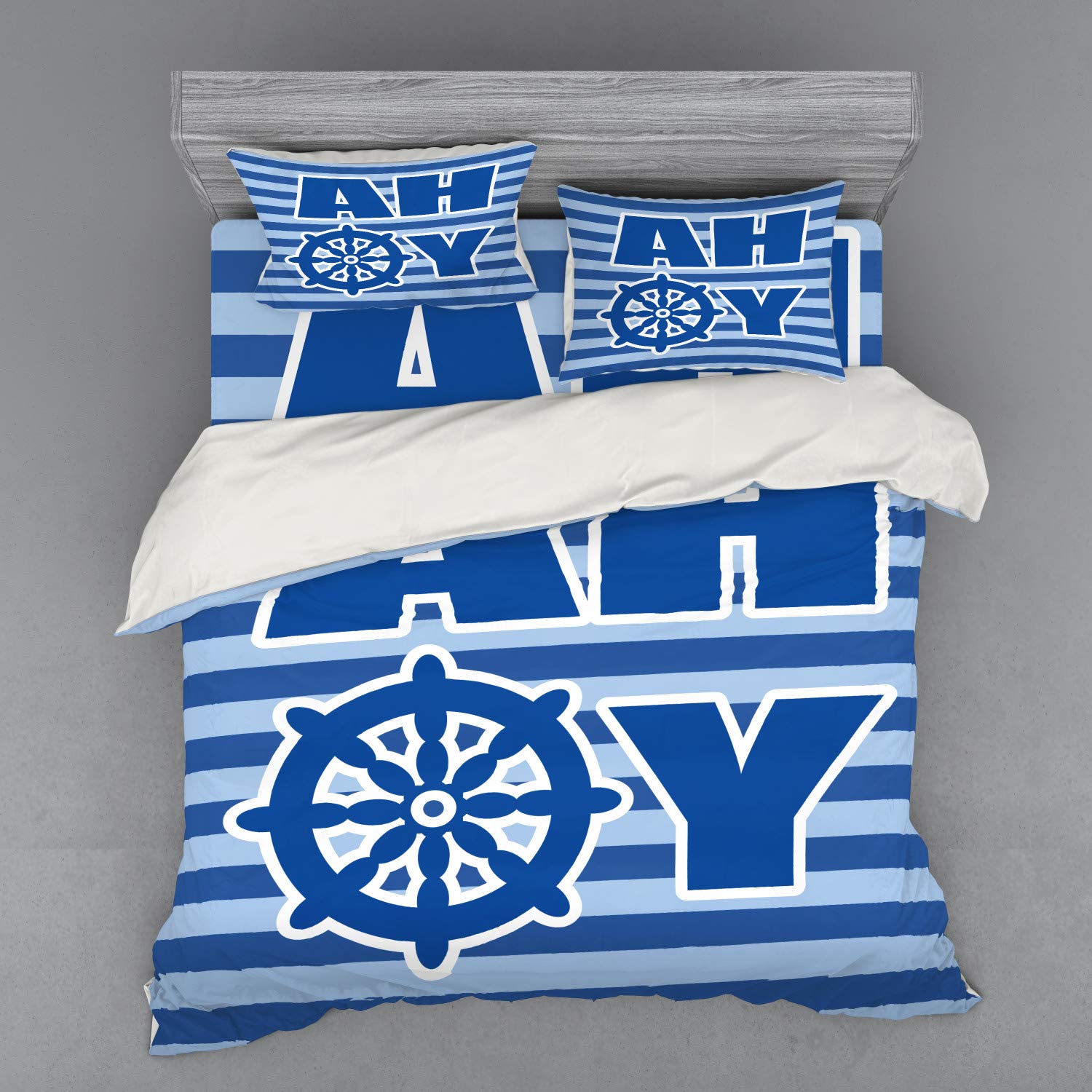 Ambesonne Nautical Wheel Striped 3-Piece Duvet Cover Set - King Size Pale Blue & White - Modern Minimalist Bedding for Reveal Parties, Guest Rooms & Coastal-Themed Decor