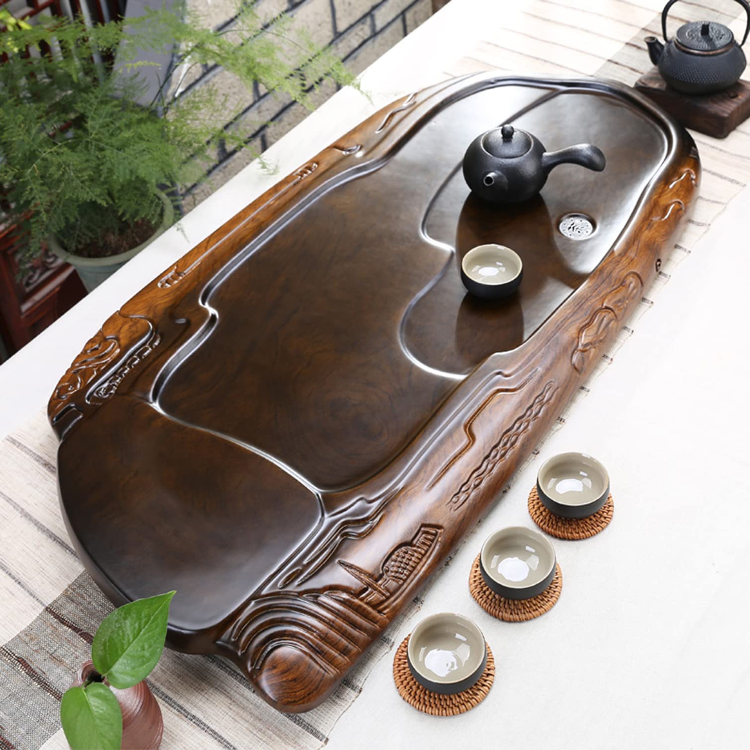 Vintage Solid Wood Tea Tray with Drain - Chinese Gongfu Tea Table for Home & Office - Handcrafted Wooden Tea Serving Tray for Coffee, Teahouse & Decorative Use (35x18x2.2 Inches, Natural Wood) - Perfect for Tea Ceremonies, Home Decor & Gift Giving