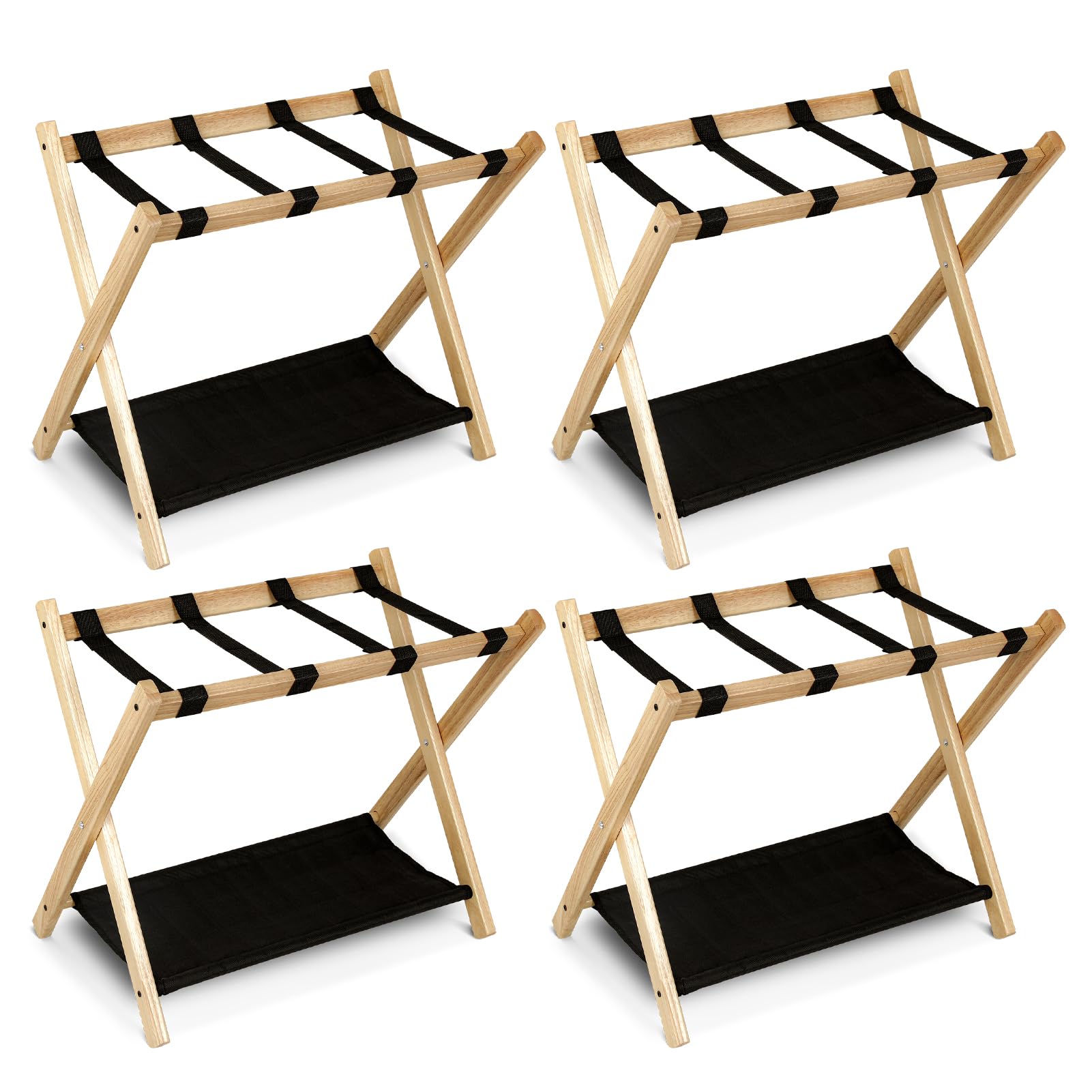 Babion 2-Tier Folding Luggage Rack with Shelf - Heavy Duty Wooden Suitcase Stand with Nylon Belts, Space-Saving Foldable Bag Holder for Bedroom, Guest Room, Hotel (4 Pack) - Perfect for Travel Storage & Closet Organization