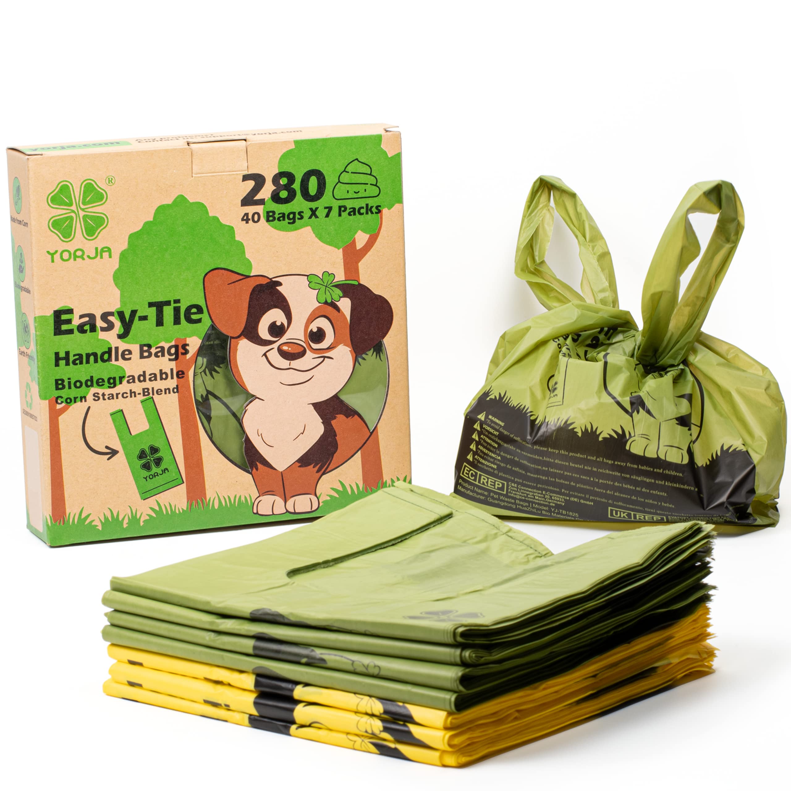 YORJA 280 Biodegradable Dog Poop Bags with Tie Handles | USDA Certified OK Biobased | Extra Thick Leak-Proof Pet Waste Bags for Easy Cleanup | Perfect for Park Walks, Backyard Cleanup & Travel