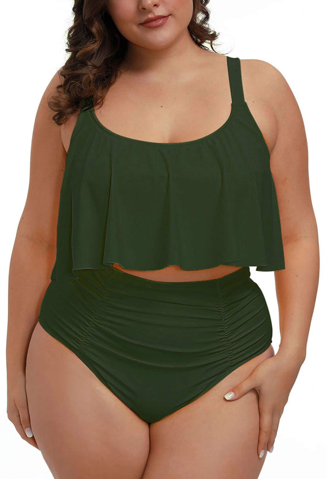 Selowin Women's Plus Size Ruffle Tankini High Waisted Bikini Set - 2 Piece Swimwear for Beach, Pool & Vacation | Flattering Swimsuits for Curvy Women