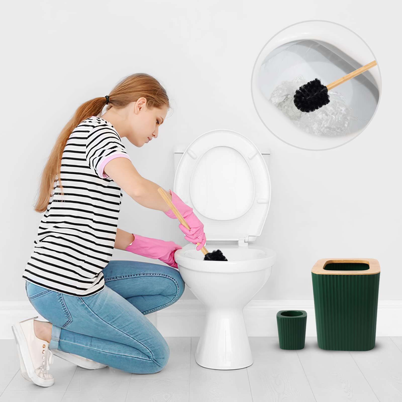 9-Piece Beige Bathroom Accessories Set - Includes Trash Can, Vanity Tray, Soap Dispenser, Soap Dish, Toothbrush Holder, Toothbrush Cup, Toilet Brush & Qtip Holders - Perfect for Home, Apartment, Hotel & Guest Bathroom Decor
