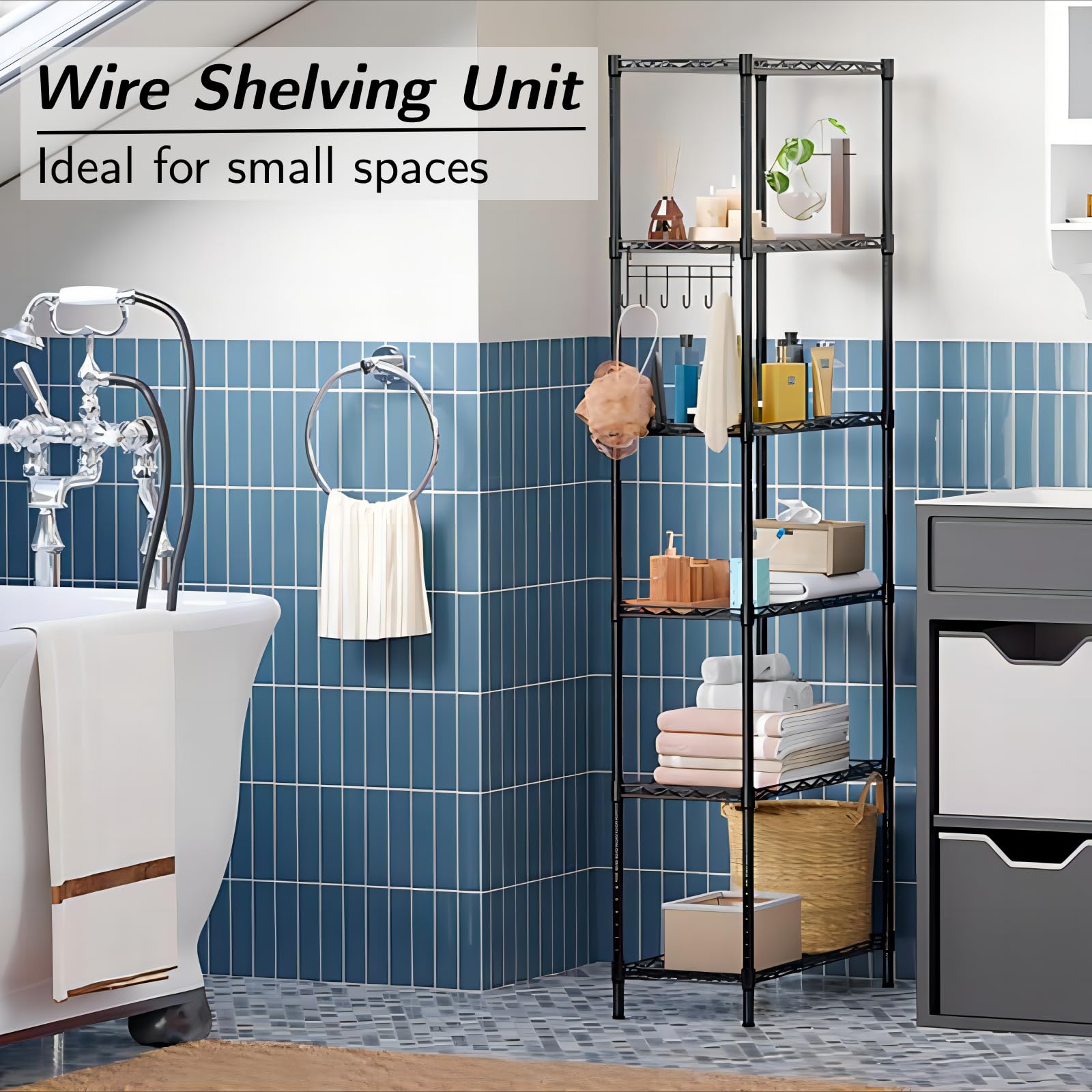 Homdox 6-Tier Heavy Duty Wire Shelving Unit - Adjustable Free Standing Storage Rack with Leveling Feet & Stainless Steel Side Hooks, Black - Perfect for Garage, Pantry, Closet, and Office Organization