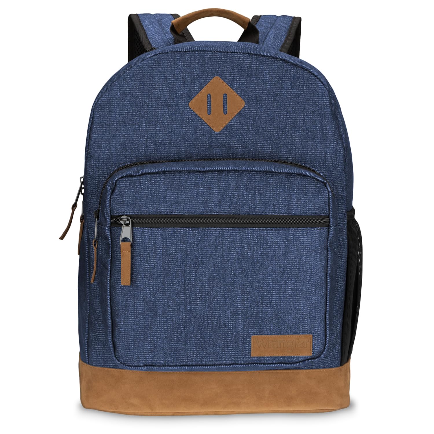 Wrangler Yellowstone Genuine Denim Backpack - Durable Travel Daypack with Padded Laptop Sleeve (15.6 Inch), Classic Logo Design - Navy Blue Denim - Perfect for School, Work, Hiking & Outdoor Adventures