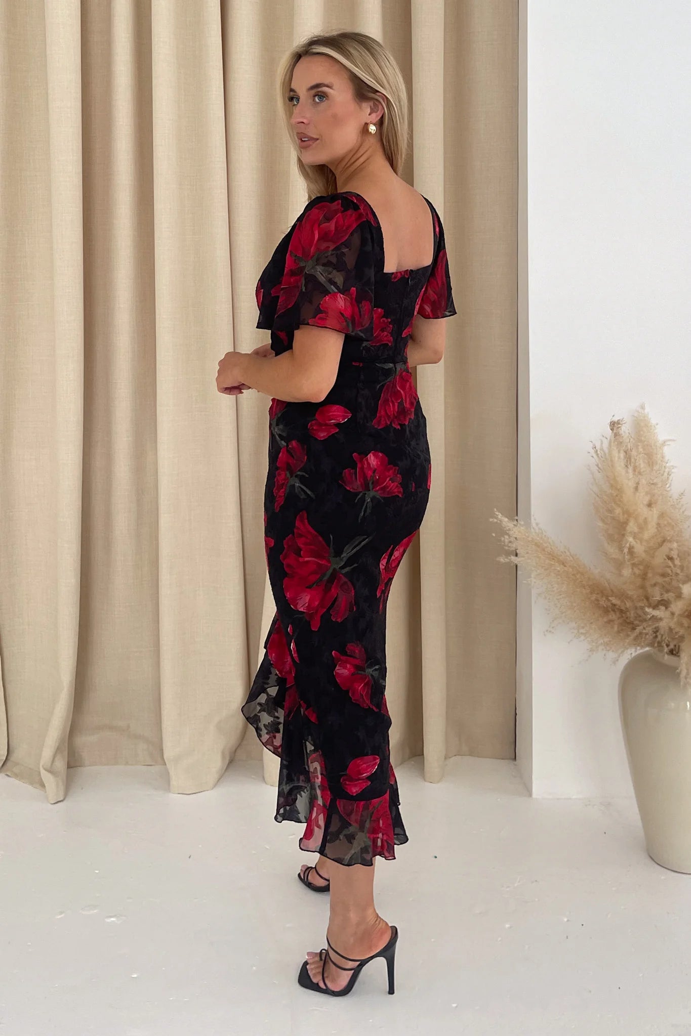 Heidi Ruched Midi Dress for Women - Floral Print Summer Dress in Black & Red | Perfect for Cocktail Parties, Date Nights & Beach Vacations