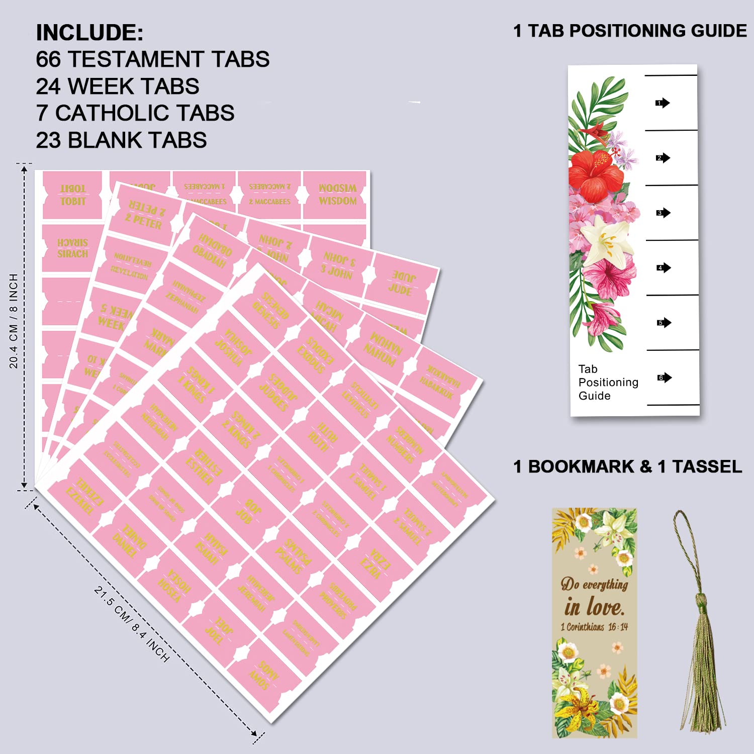 Bible Index Tabs - 122 Pcs Matte Laminated Floral Design Tabs for Old & New Testament, Pink with Gold Foil - Perfect for Bible Journaling, Scripture Study & Church Gift Ideas