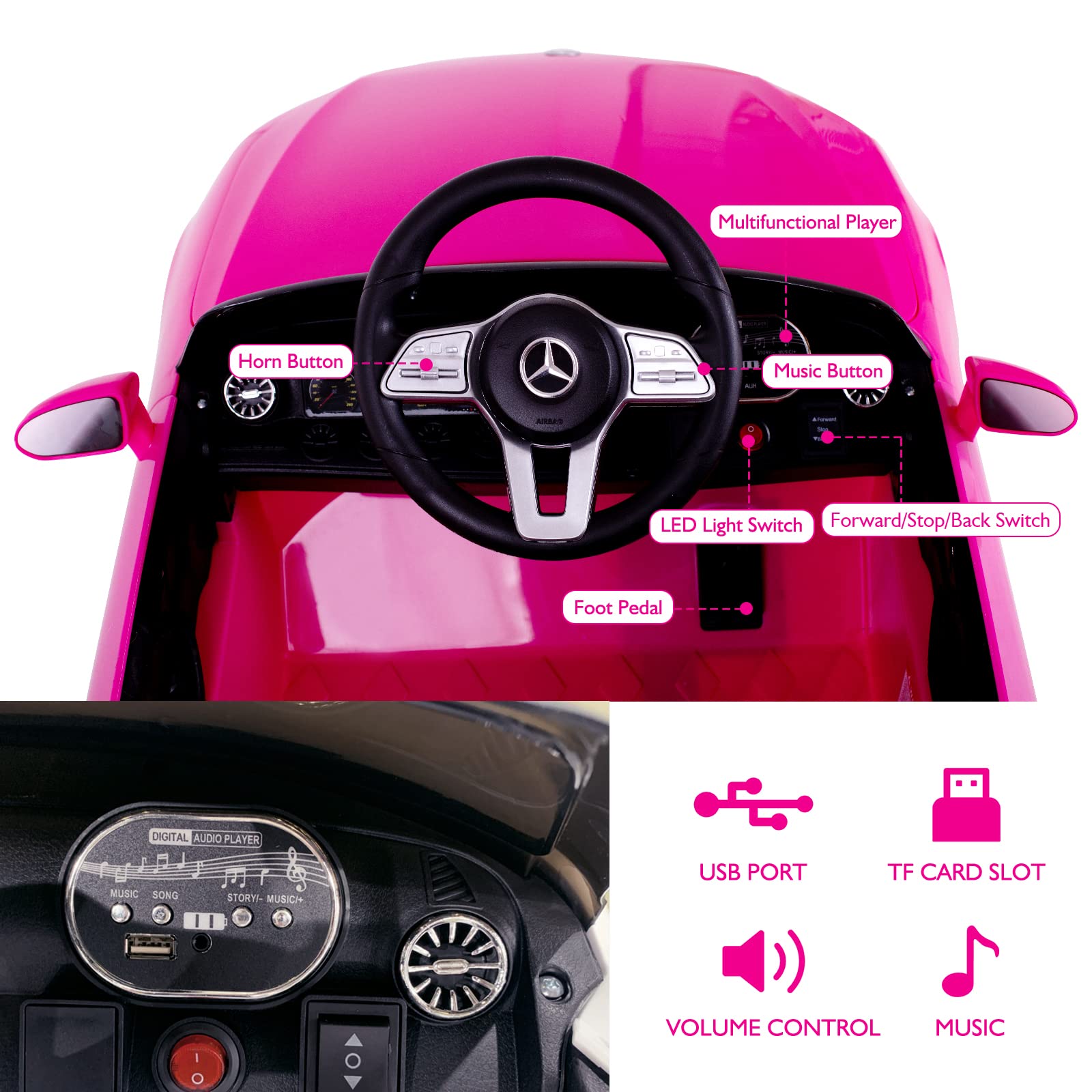 **12V Mercedes Benz Licensed Kids Electric Ride-On Car with Remote Control - Adjustable Speed, Safety Belt, Music & LED Lights (Pink) - Perfect for Outdoor Play, Birthday Gifts & Toddler Fun**