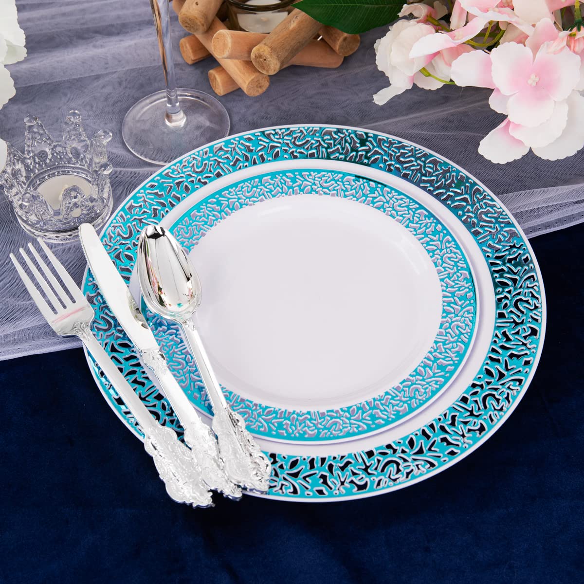 WELLIFE 180-Piece Blue Plastic Dinnerware Set - 30 Dinner Plates, 30 Dessert Plates, 30 Cups & 30 Cutlery Sets for Parties, Picnics, BBQs & Outdoor Events - Durable Disposable Tableware for Birthdays, Weddings & Family Gatherings