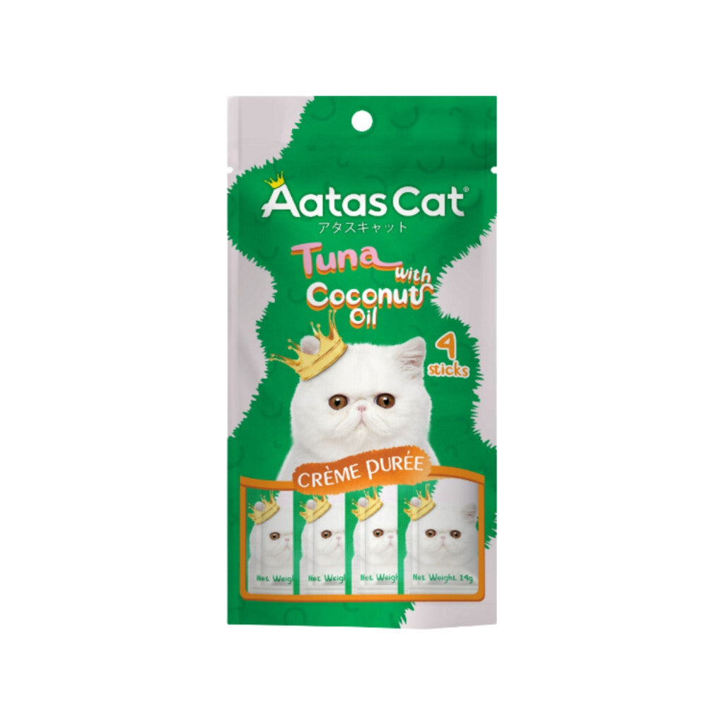 Aatas Cat Crème Purée Cat Treats 14g x 4 Sachets - Smooth Creamy Tuna, Chicken & Surimi Flavored with Coconut Oil - Perfect for Rewards, Training & Bonding with Your Feline Friend