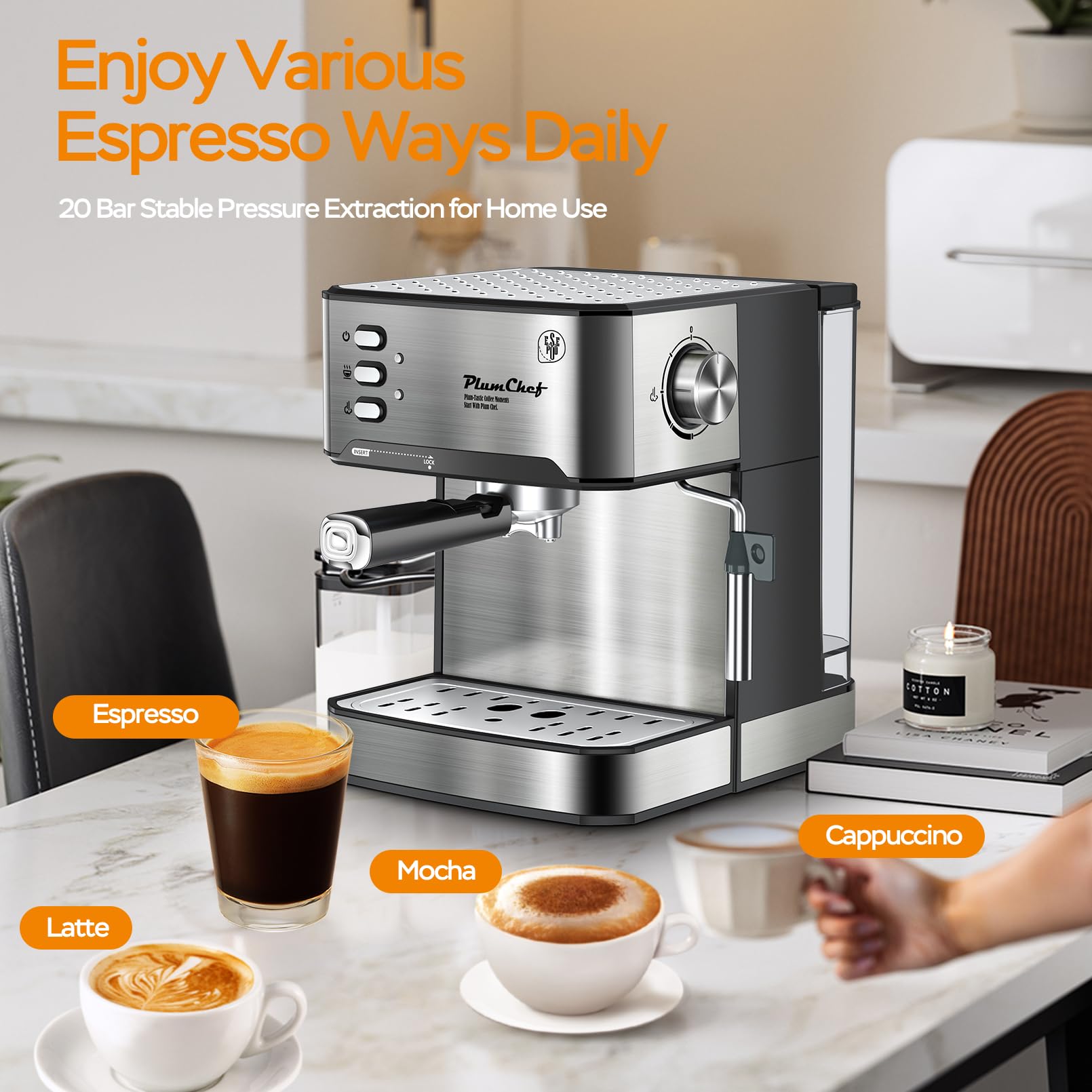 20 Bar Professional Espresso Machine with Milk Frother - Dual Shot & ESE Pod Compatible - 54oz Removable Water Tank - Perfect for Home Baristas & Coffee Enthusiasts - Silver (Ideal for Home Kitchens, Offices & Coffee Shops)
