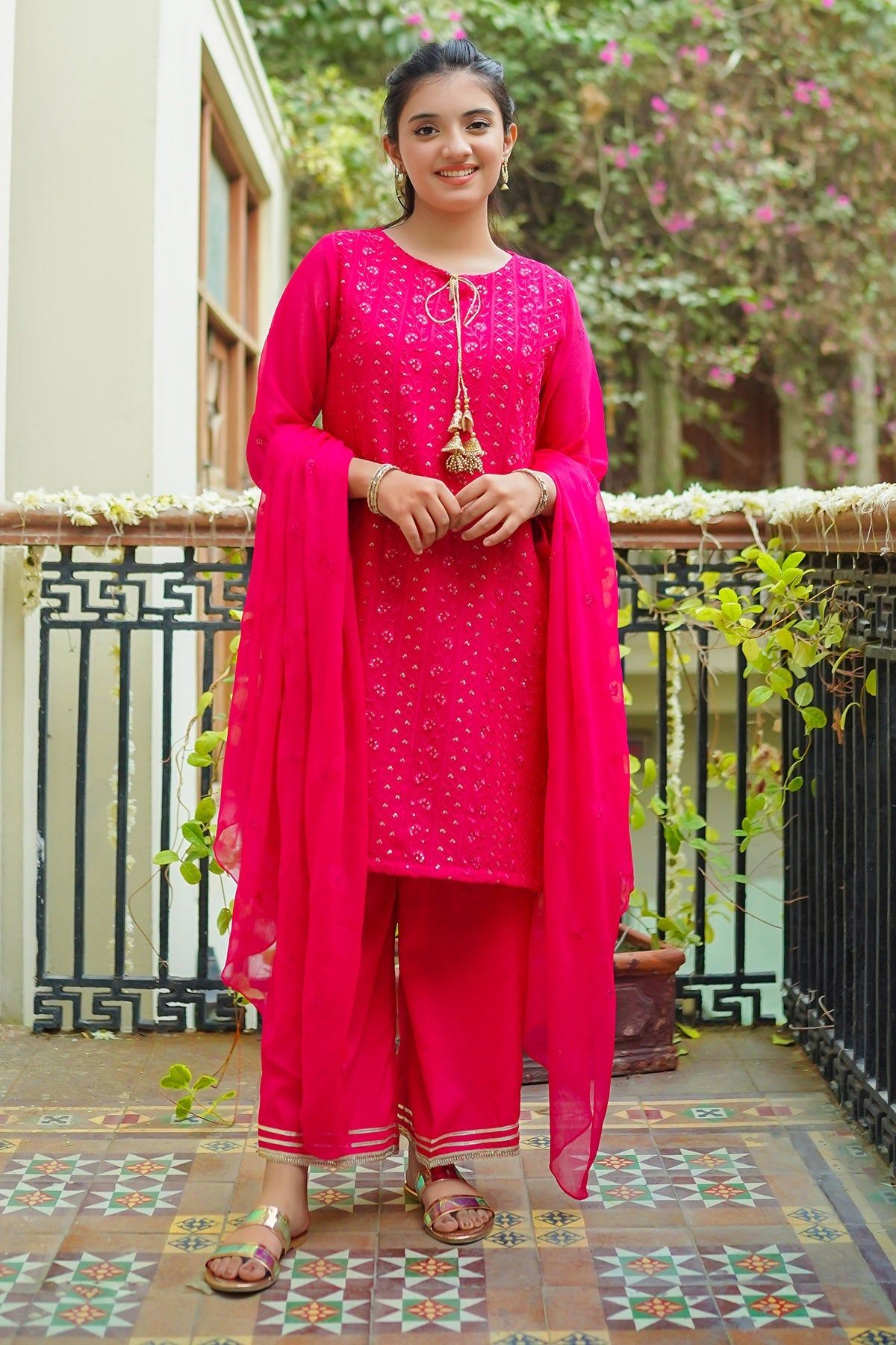 Elegant Chiffon Embroidered Red 3-Piece Stitched Suit in Ochre | Traditional Indian Ethnic Wear for Weddings & Festive Occasions