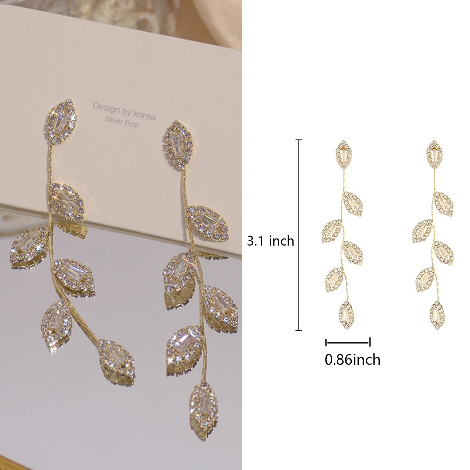 Elegant Silver Drop Dangling Earrings for Women - Rhinestone Leaf Design Bridal Wedding Prom Anniversary Jewelry - Perfect for Weddings, Parties & Special Occasions