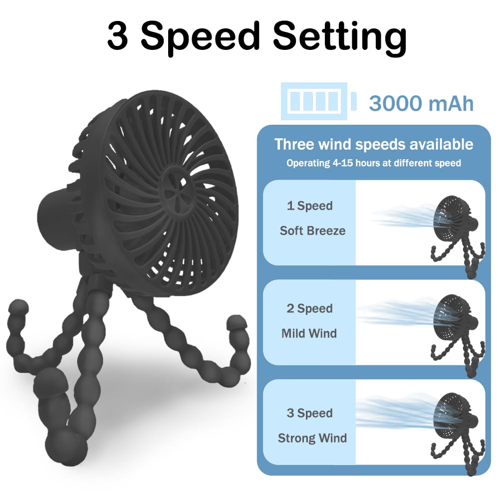 Portable Stroller Fan with Flexible Tripod - USB/Battery Powered Mini Handheld Fan for Baby, Car Seat, Student, Bed, Desk, Bike, Crib, Treadmill - Perfect for Camping, Travel & Outdoor Activities (Black)