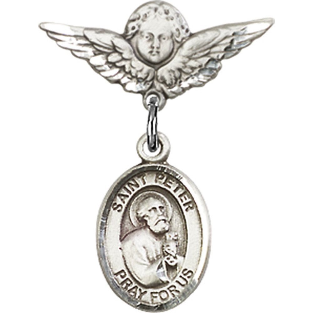 St. Peter The Apostle Sterling Silver Baby Badge with Angel Wings Charm - 7/8 X 3/4 Inch Religious Jewelry for Christening, Baptism & First Communion Gifts