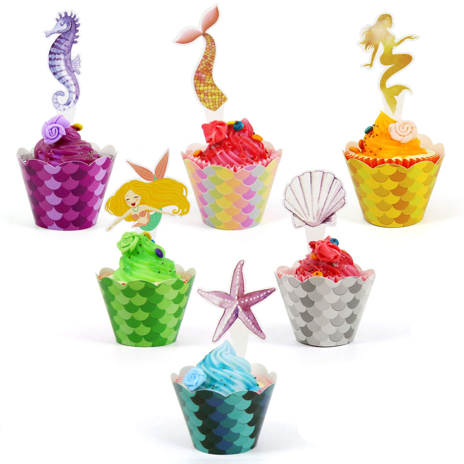 24-Pack Mermaid Cupcake Wrappers & Toppers - Mermaid Party Decorations for Kids Birthday, Little Mermaid Theme Party Supplies - Perfect for Girls' Birthday Parties, Baby Showers & Under the Sea Themed Events