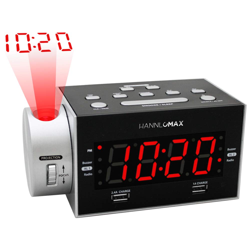 HANNLOMAX HX-135CR Projection Alarm Clock Radio with Dual USB Charging Ports (2.4A+1A), FM Radio, Dual Alarms & 1.2